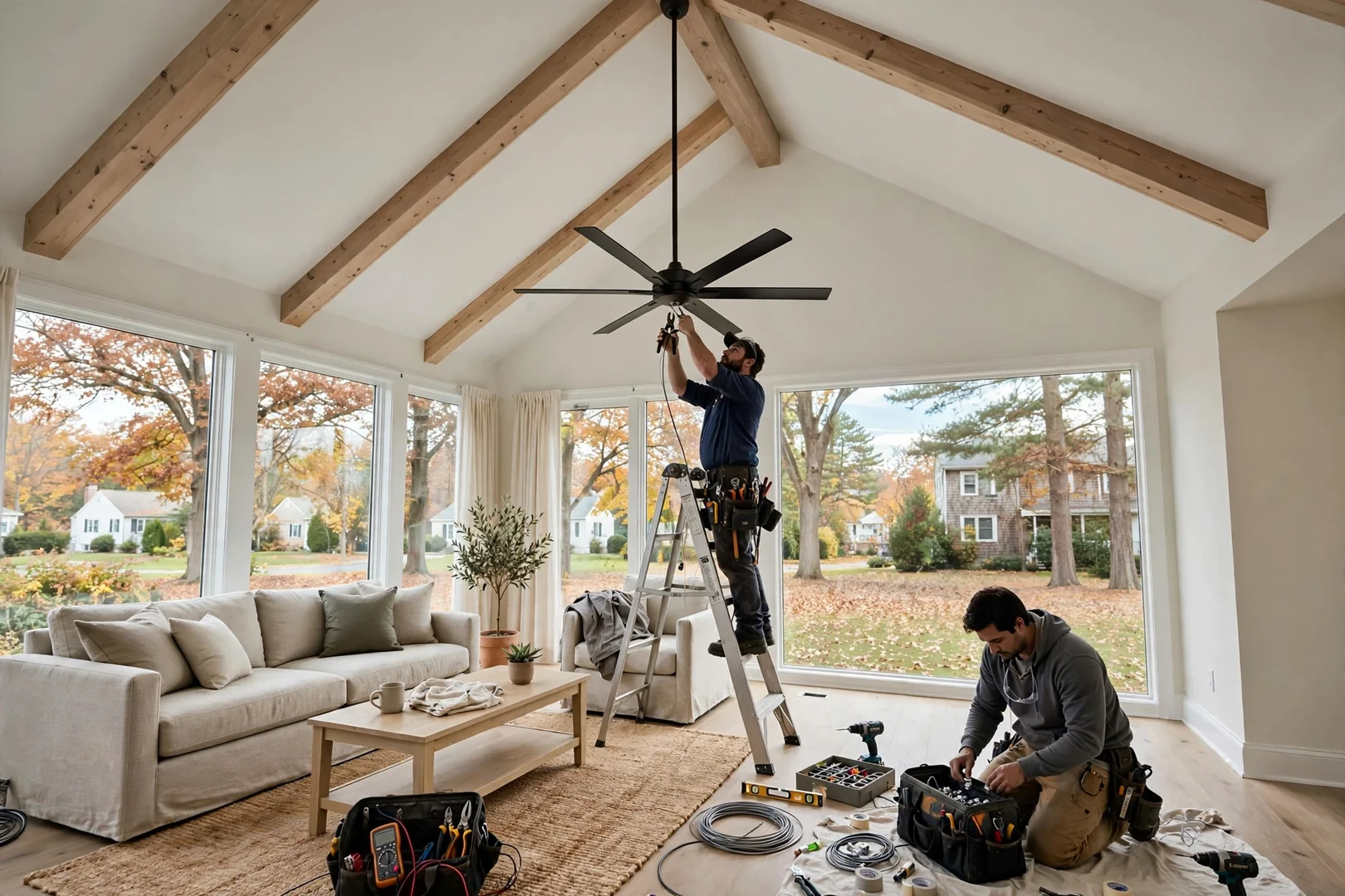 Finished ceiling fan installed on a sloped cathedral ceiling in a Coram living room