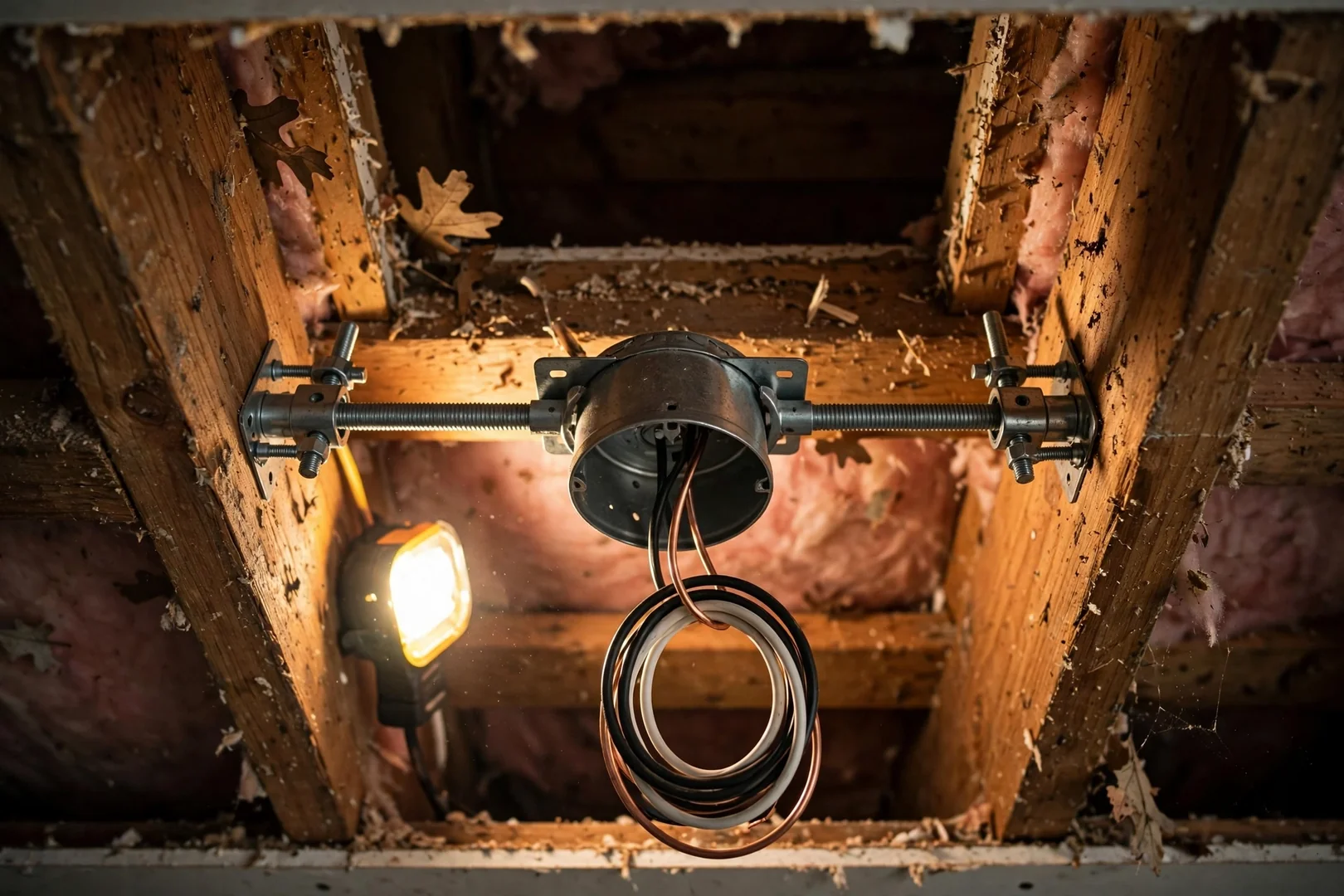 Close-up of a fan rated metal brace box anchored between ceiling joists