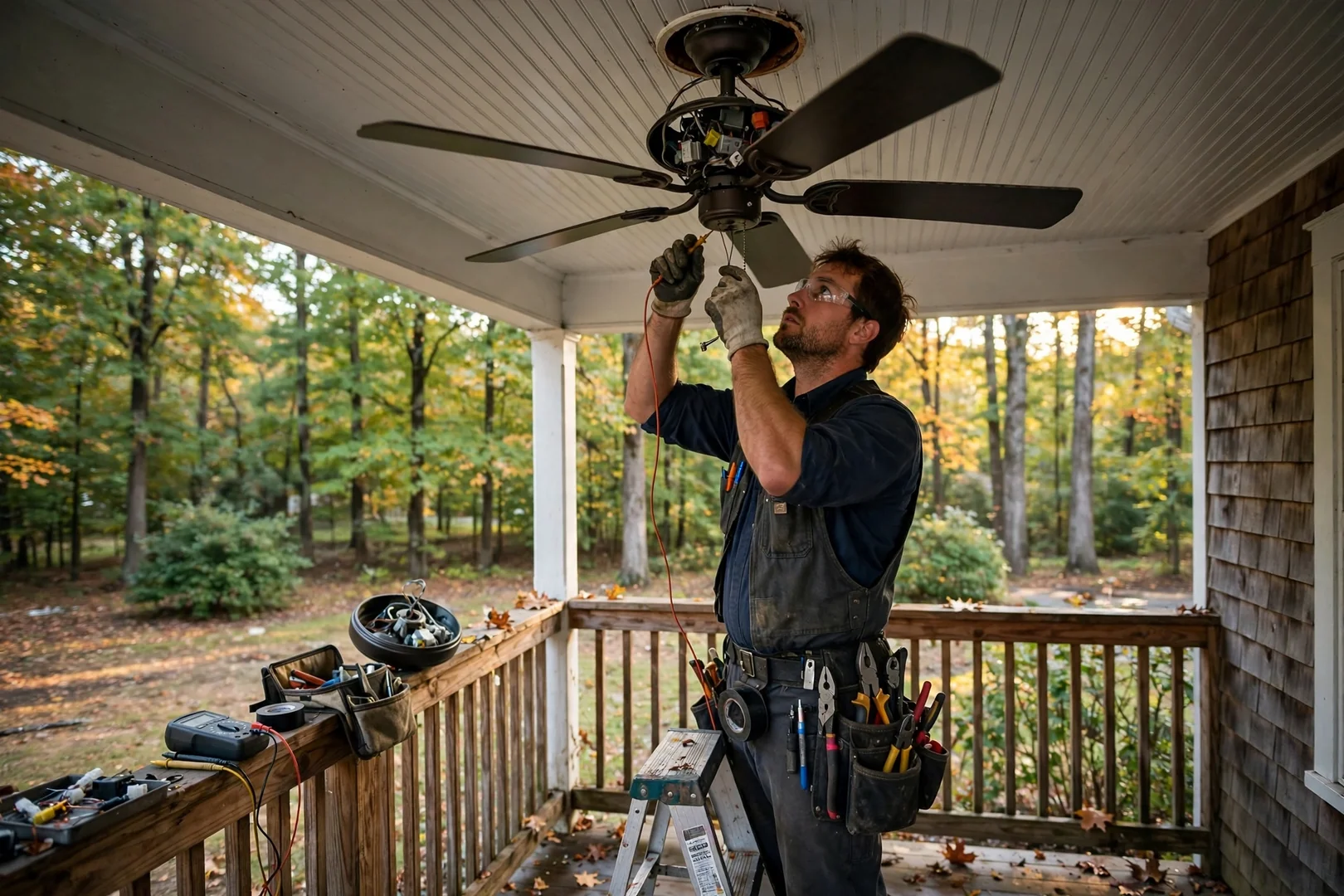 Damp rated ceiling fan mounted under a covered back porch surrounded by trees