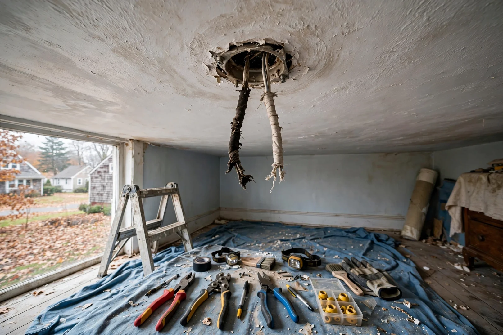 Old light fixture removed showing shallow pancake box before fan upgrade