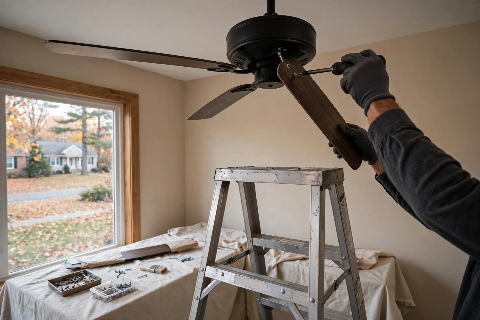 Electrician on a platform ladder attaching blades to a new ceiling fan motor