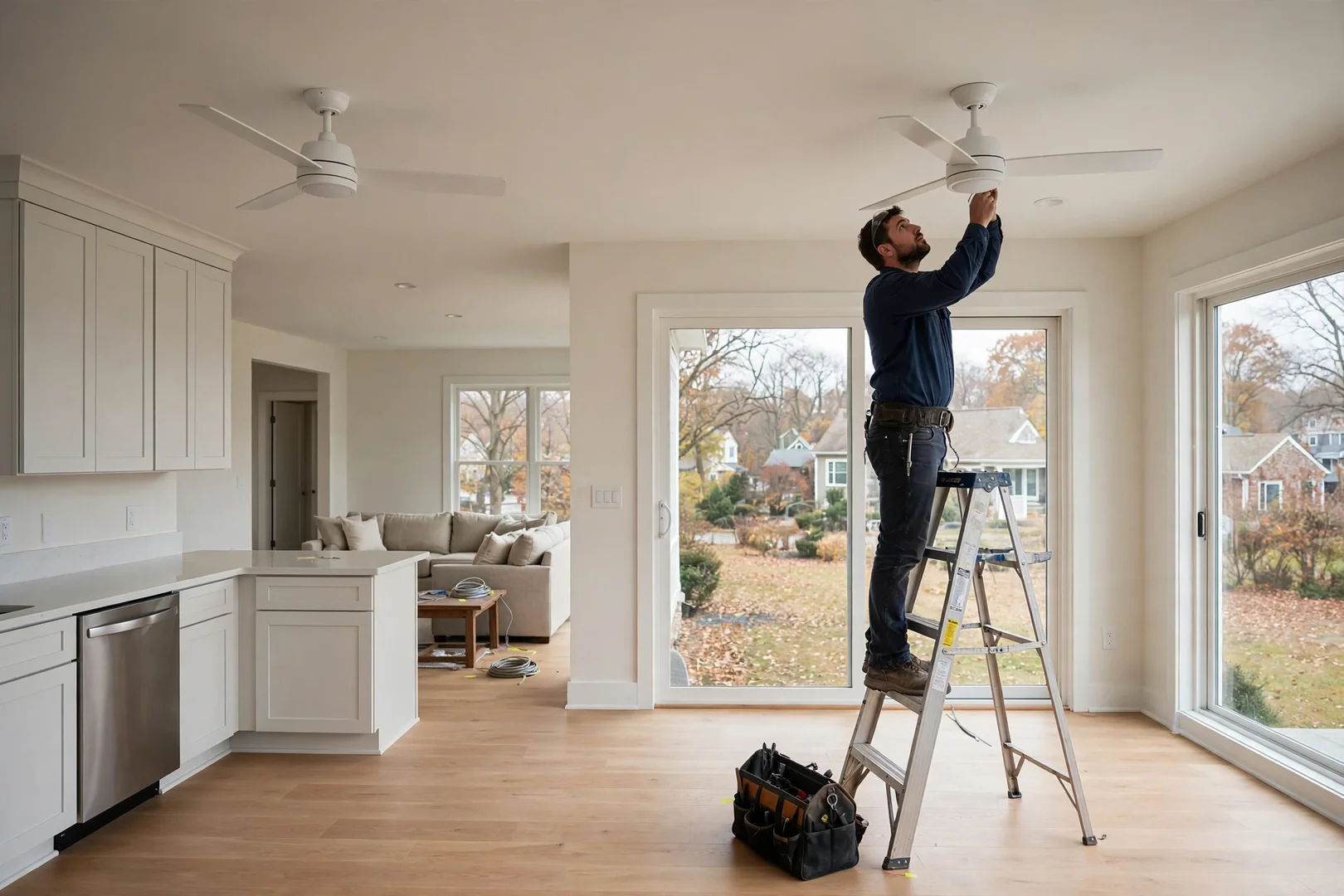 Two new ceiling fans installed in a bright open concept great room