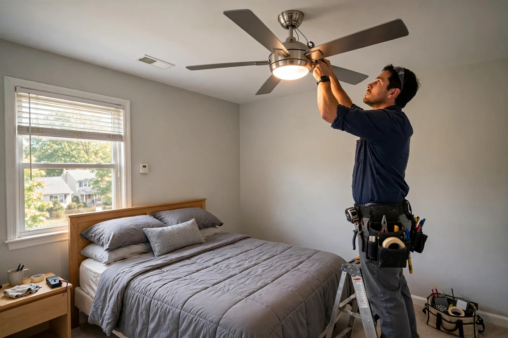 Finished ceiling fan in a second floor bedroom of a Coram split level home