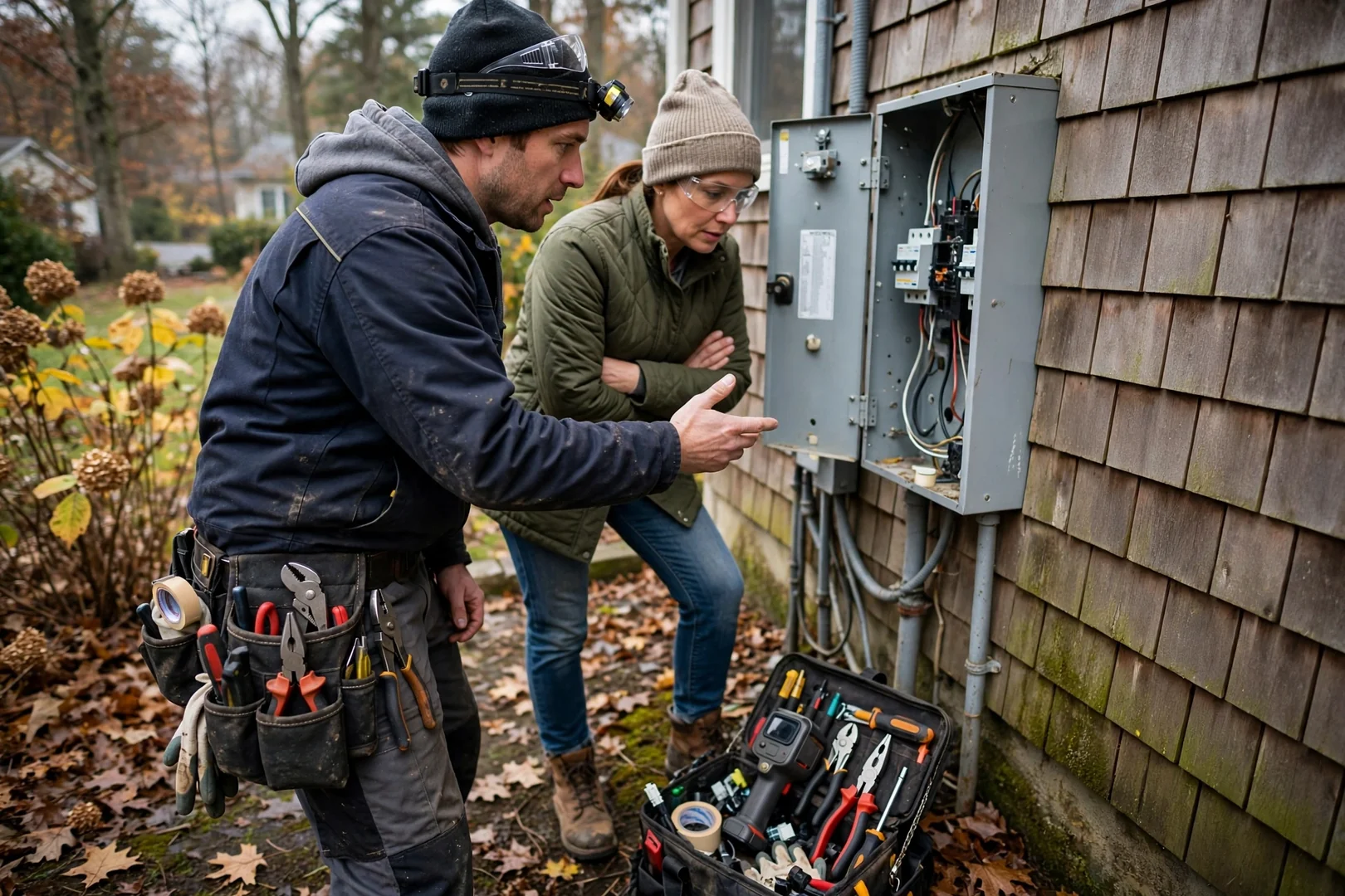 Electrician measuring breaker voltage inside an open residential load center