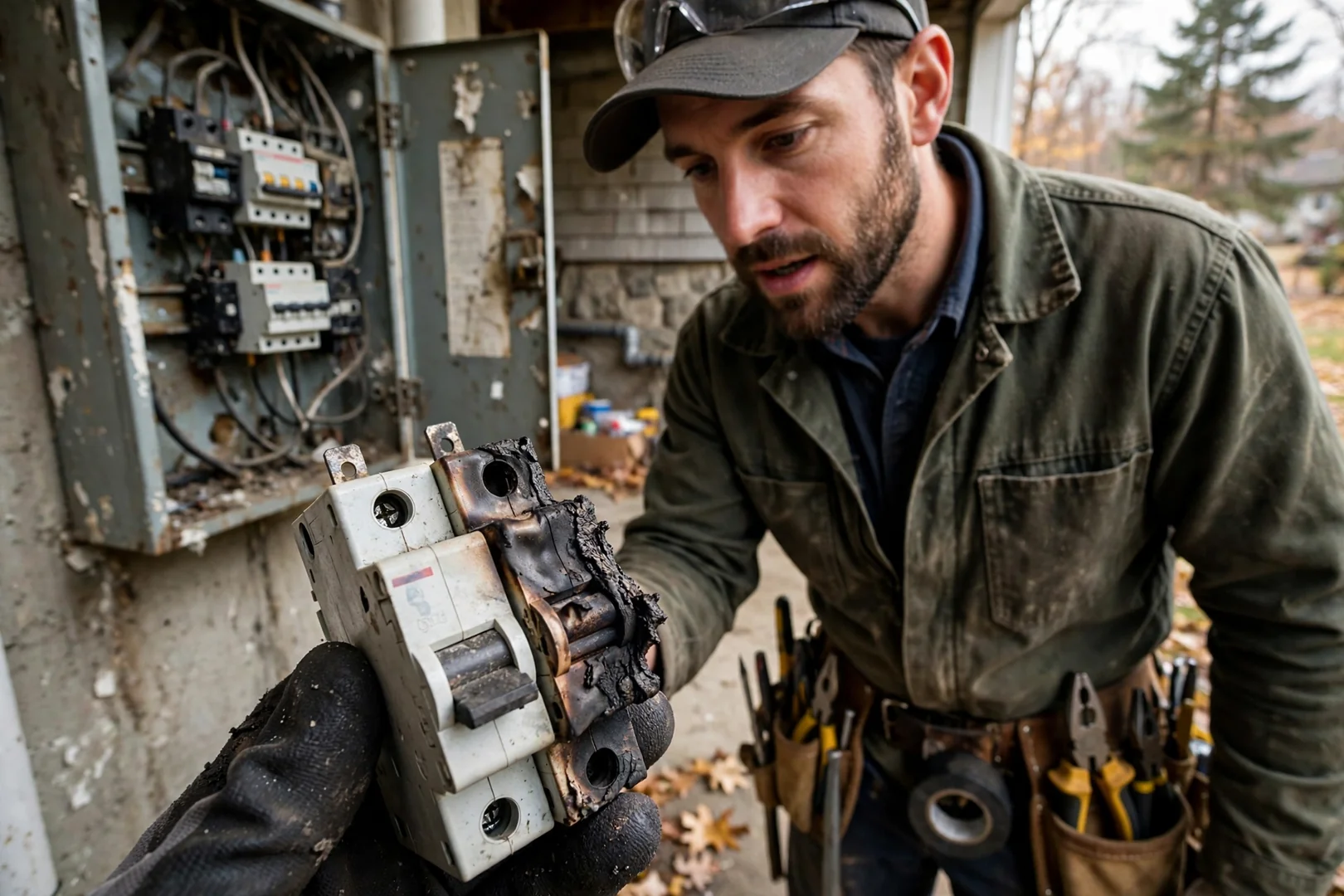 Close-up of a scorched double-pole breaker removed from an aging residential panel