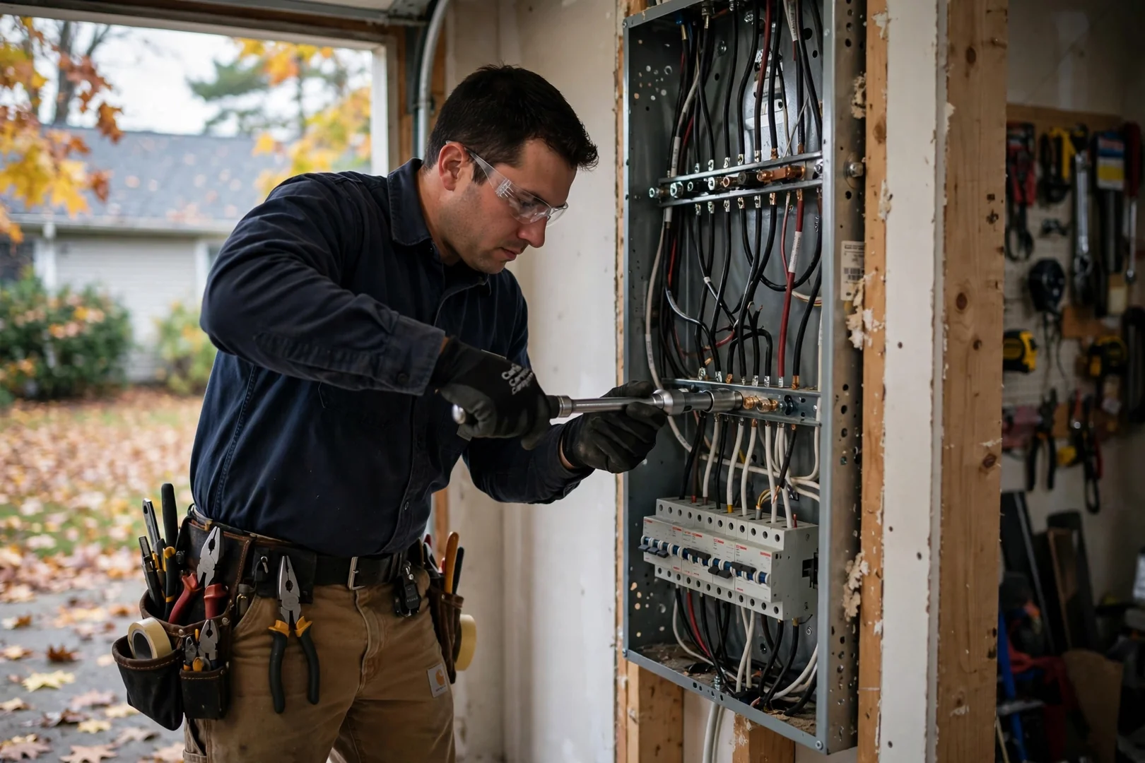Electrician torquing a branch circuit lug inside an open load center