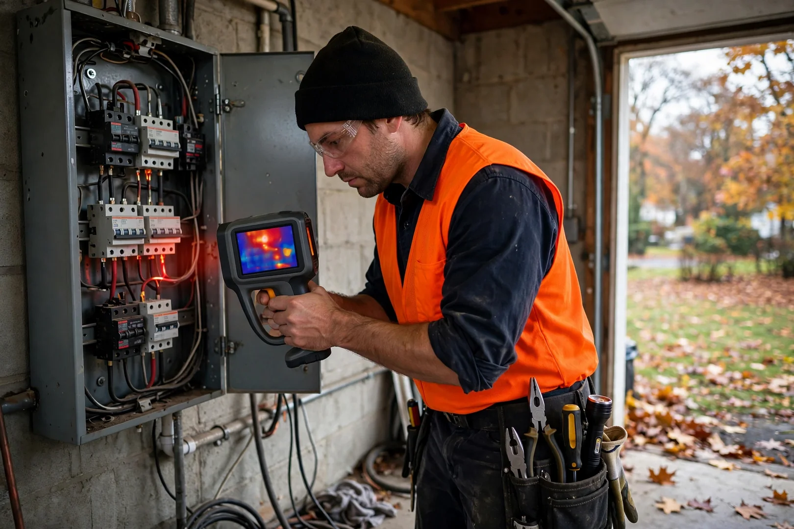 Thermal imager reading heat at panel bus stabs during breaker diagnostics