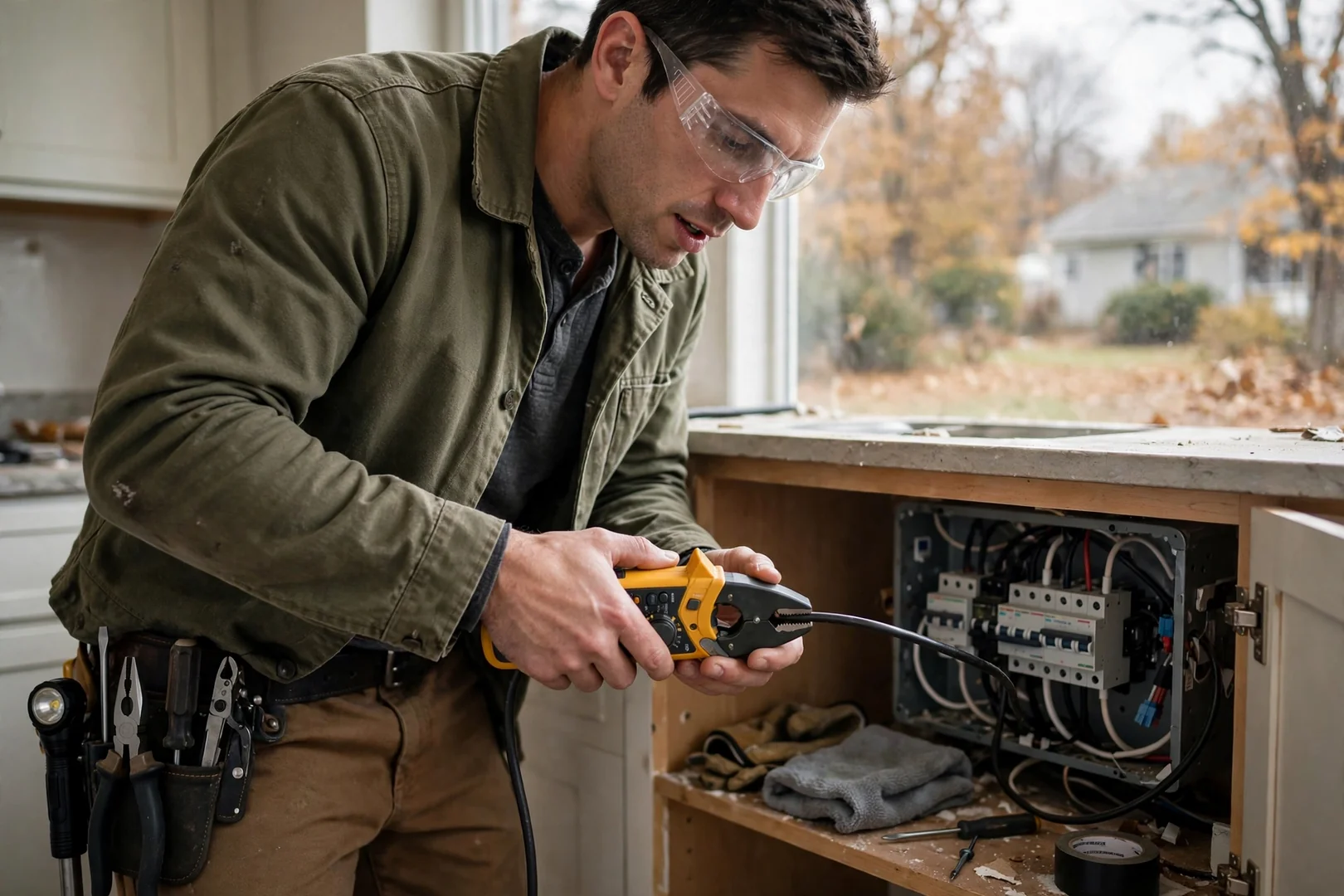 Clamp meter recording amperage draw on a kitchen circuit conductor