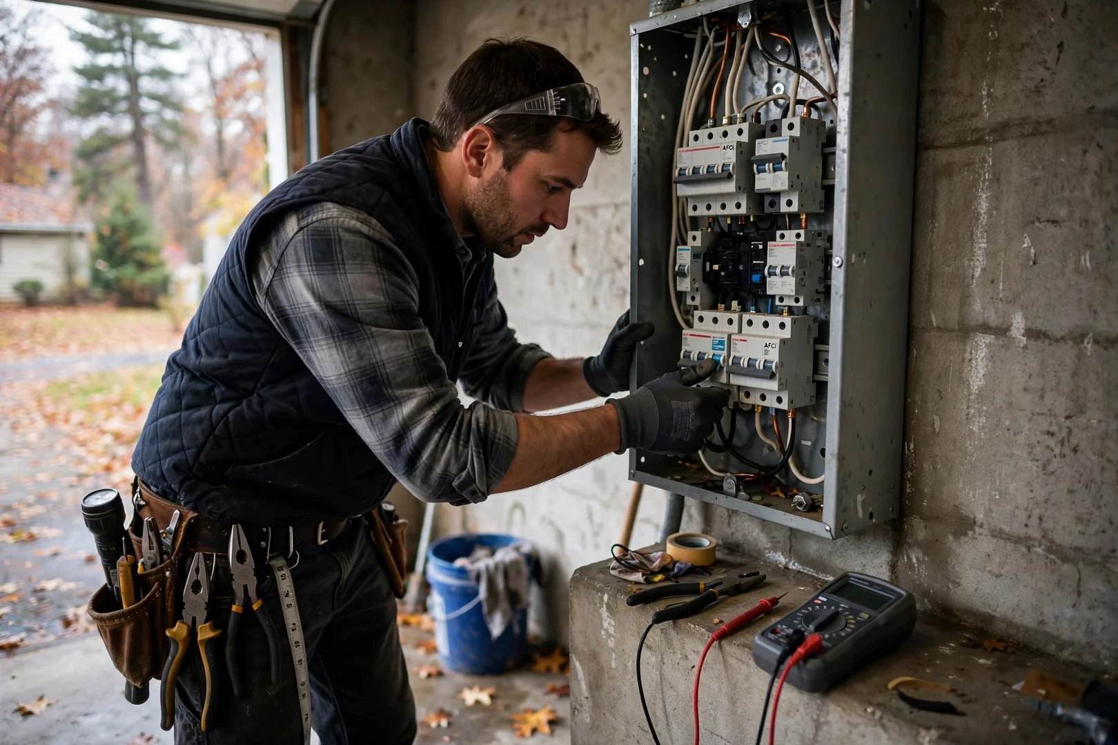 AFCI breaker being tested and reset after branch circuit fault tracing