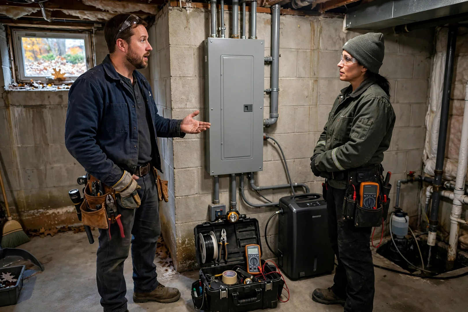 Wide shot of a basement service panel restored and closed after breaker repair