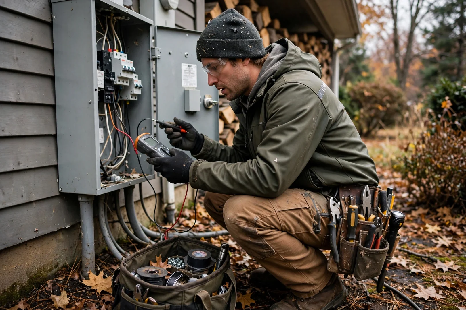 Electrician reviewing panel findings and written inspection estimate at Coram home
