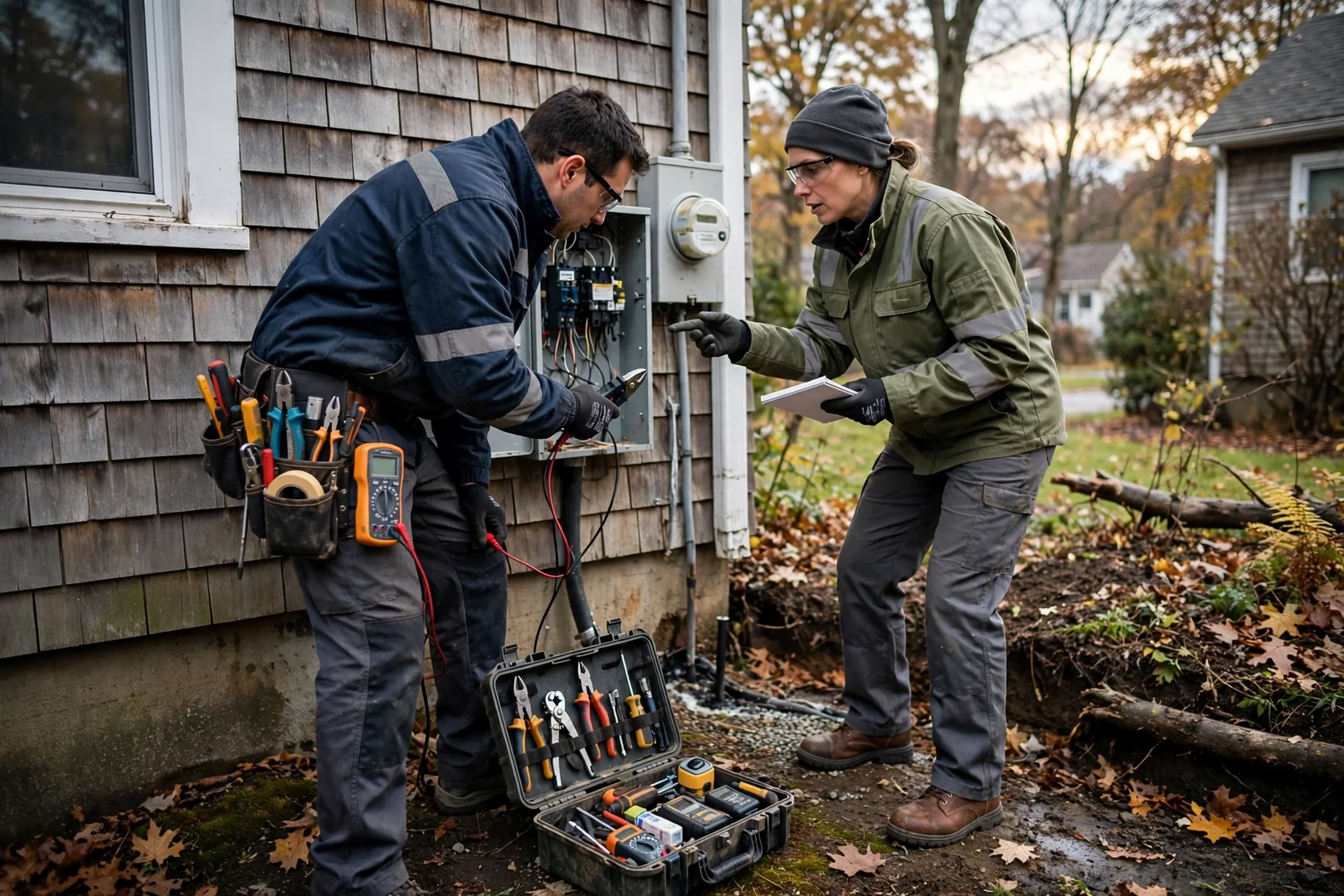 Electrician testing a residential load center during an electrical inspection in Coram