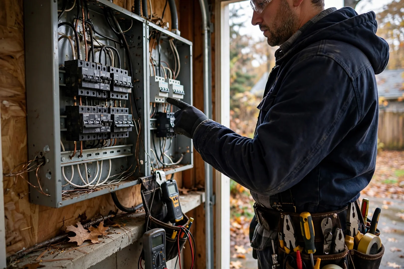 Close-up of open electrical panel with labeled breakers during home inspection