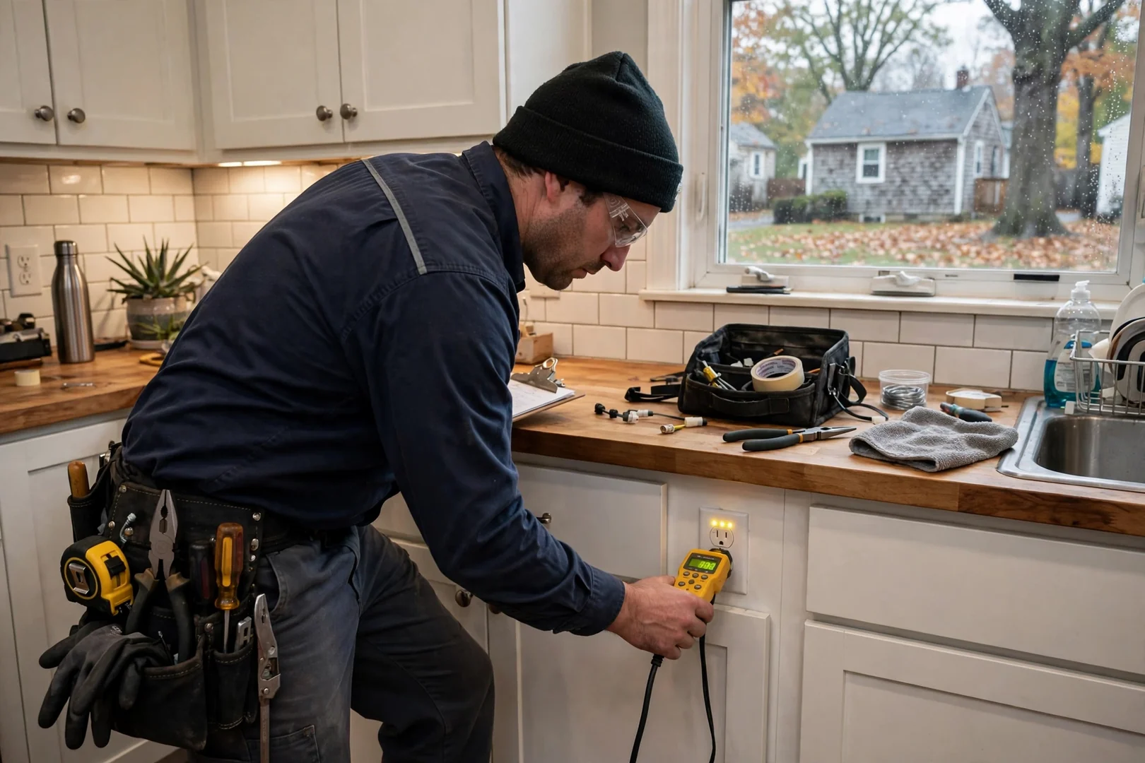 Electrician testing GFCI outlet with circuit analyzer in Coram kitchen