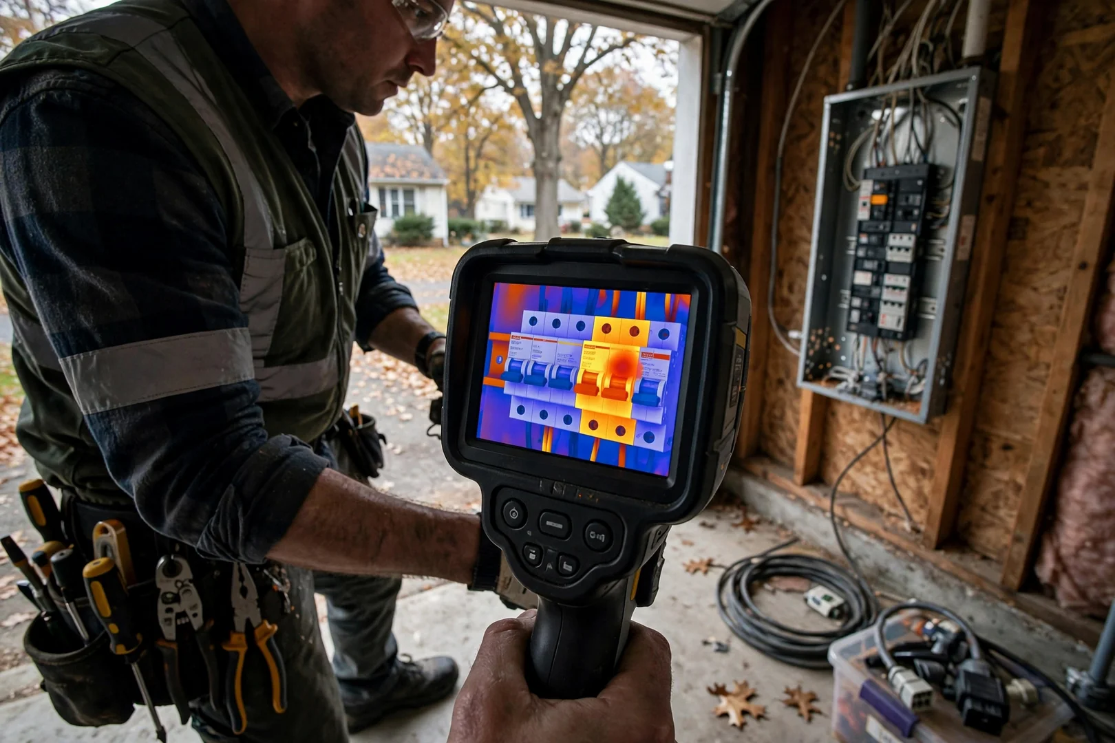 Thermal imaging camera screen showing warm breaker inside residential load center