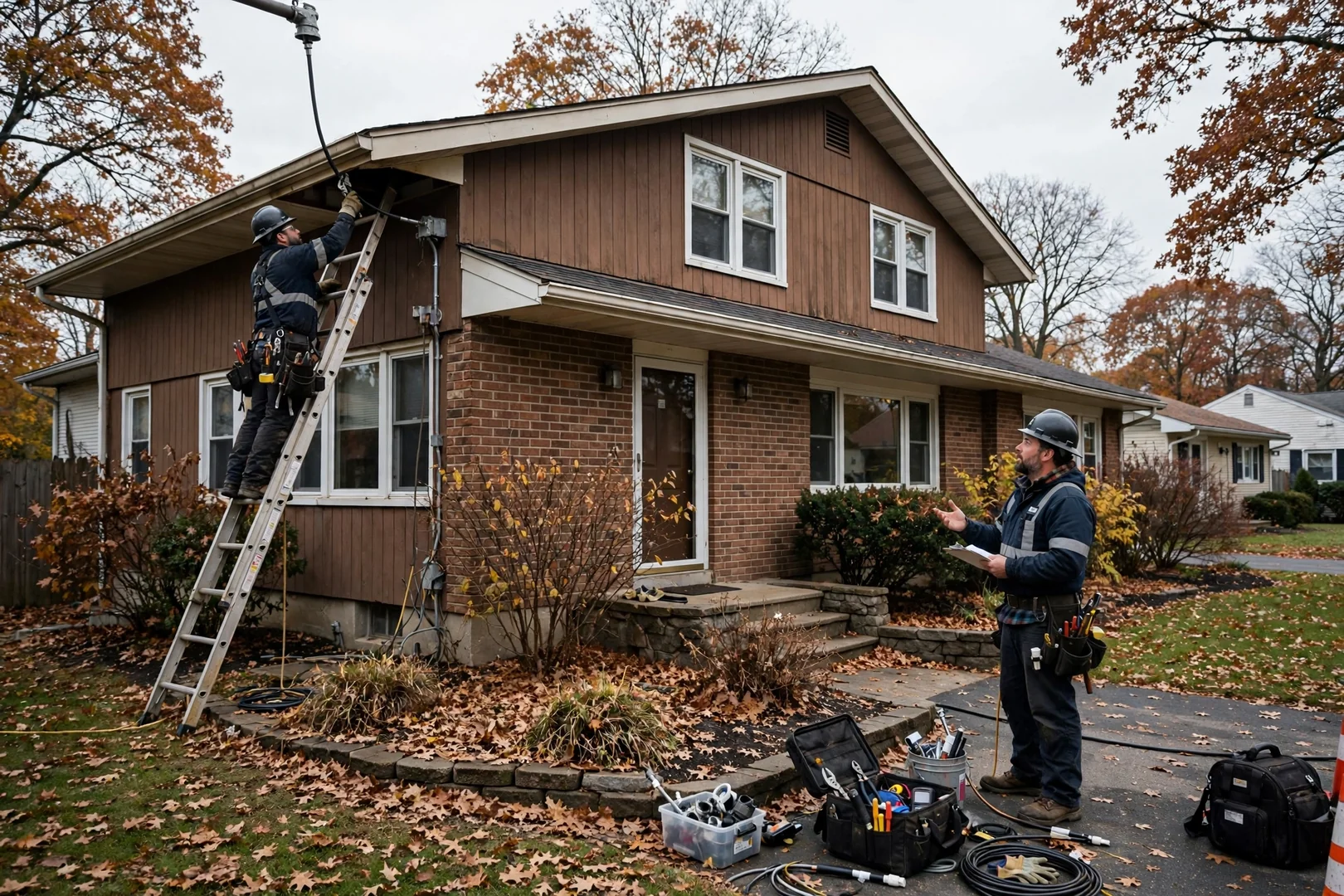 Wide shot of split-level home exterior with overhead service drop and weatherhead