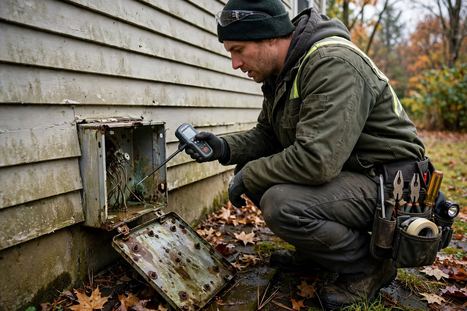 Corroded exterior receptacle cover removed for moisture and grounding evaluation