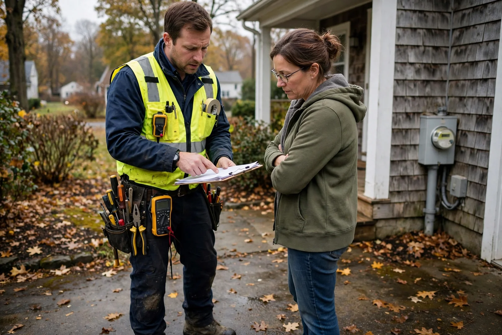 Inspector reviewing written findings report with homeowner during post-job walkthrough