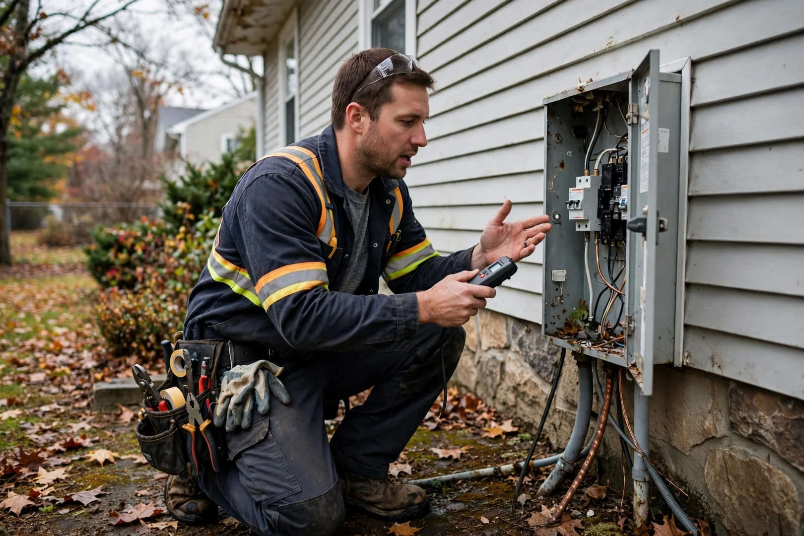Electrician testing breaker terminals inside an open residential panel in Coram