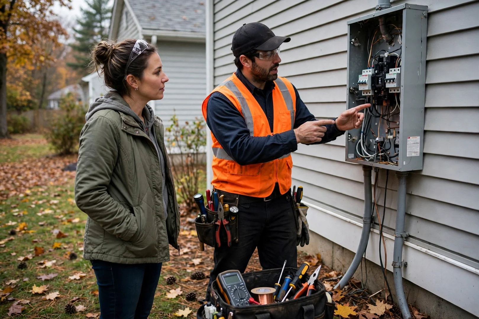 Electrician testing breakers inside an open residential service panel during a repair visit
