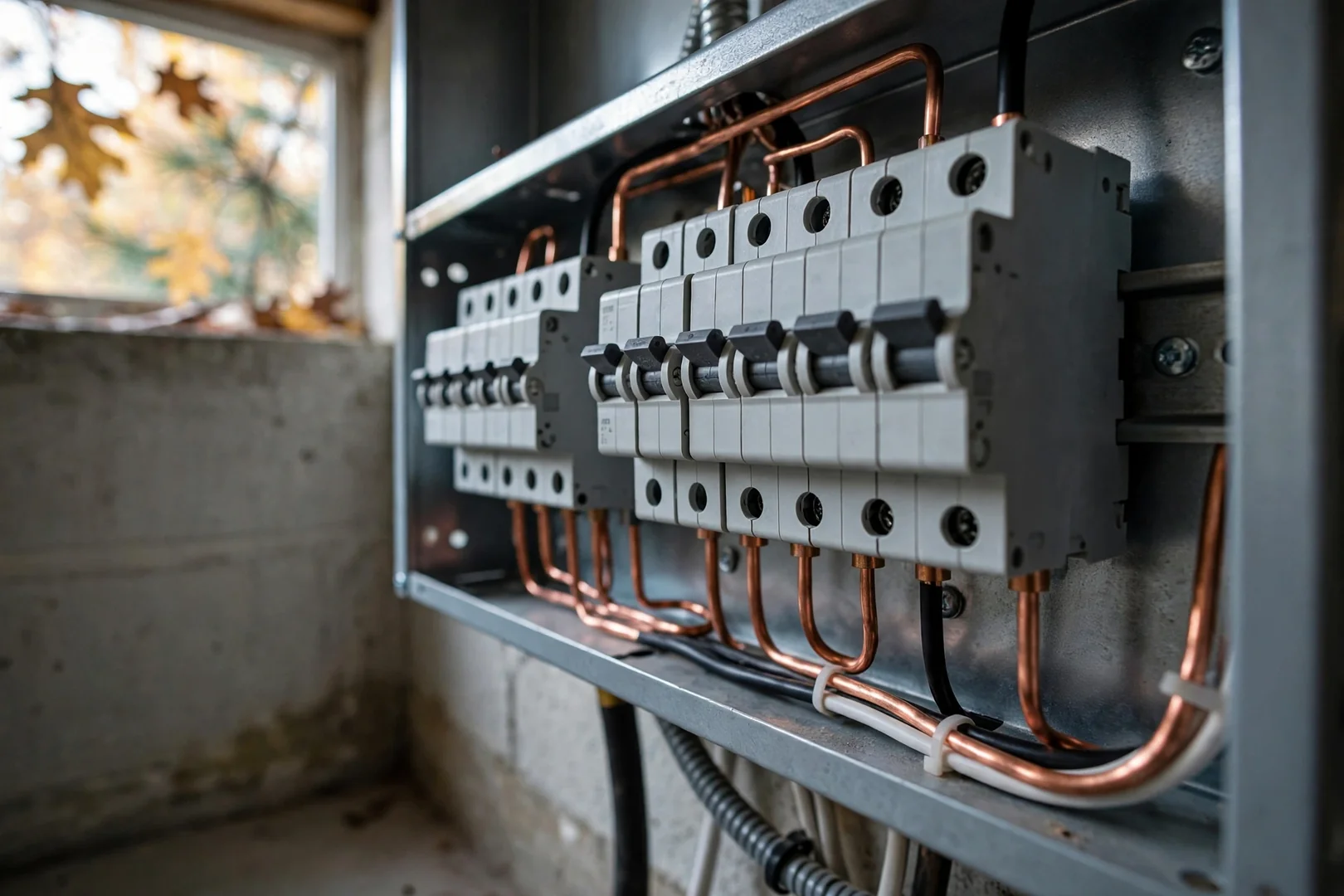 Close-up of replaced circuit breakers seated on a clean bus bar assembly