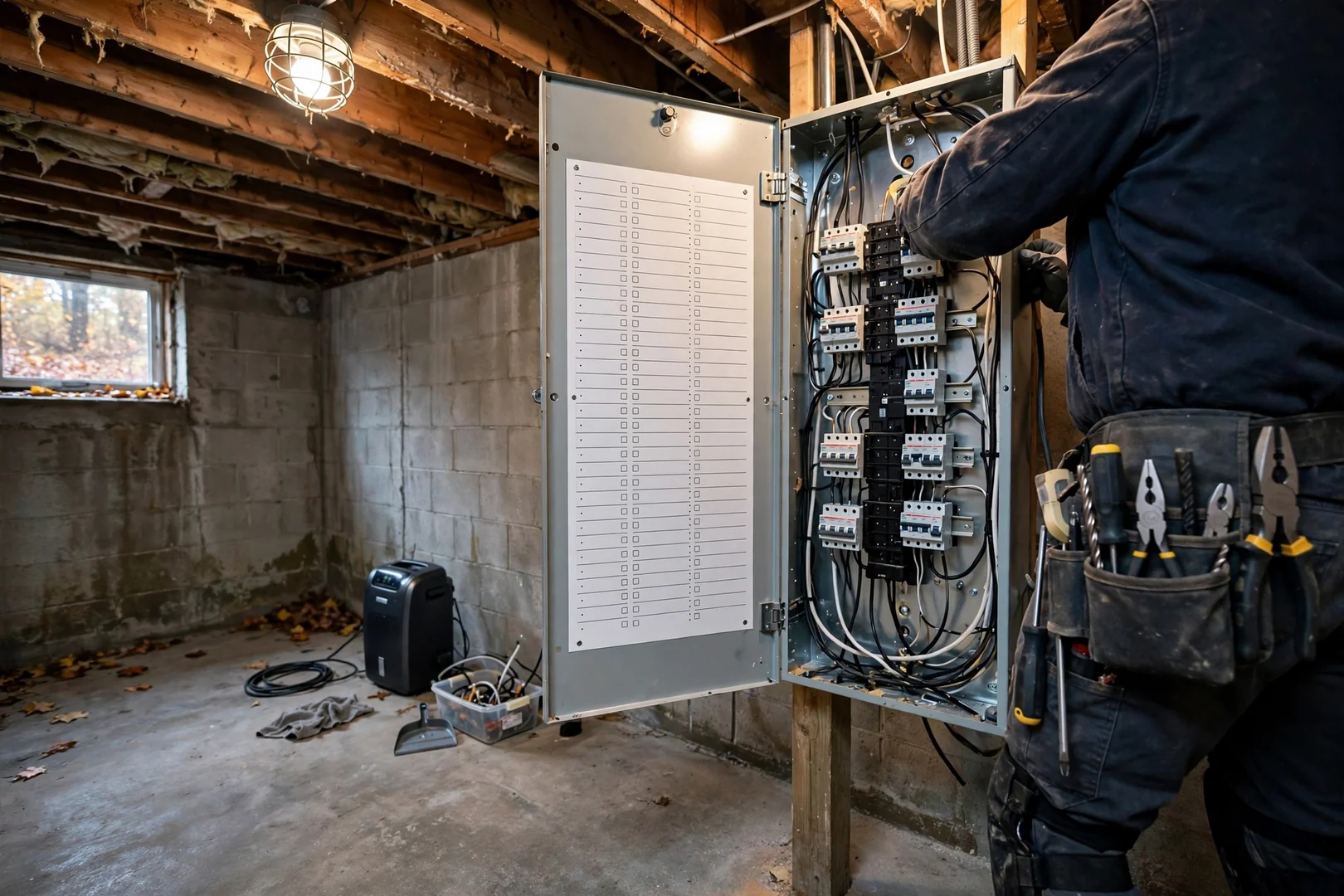 Wide shot of a finished basement panel repair in a Coram ranch home
