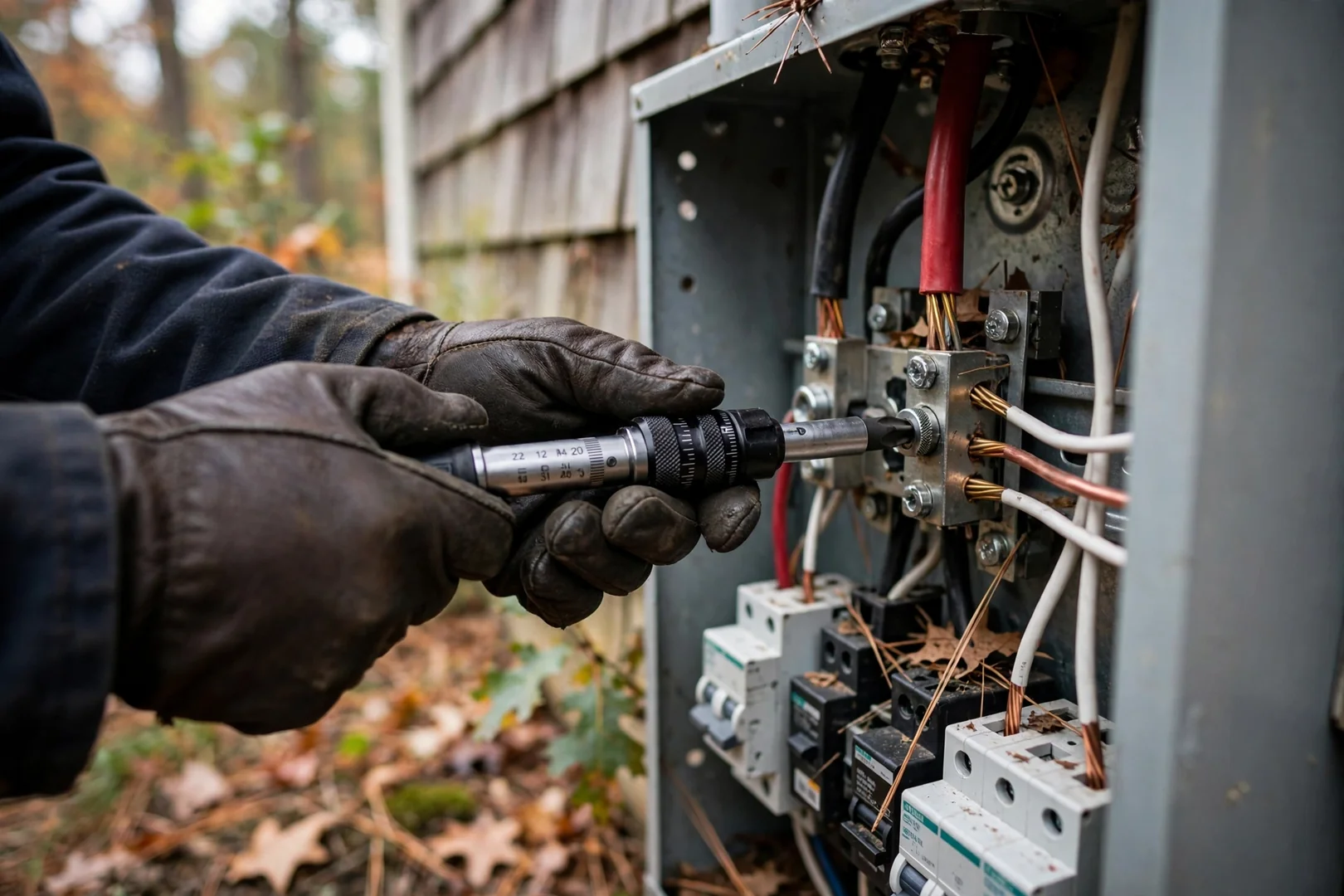 Gloved hands torquing a main lug termination with a calibrated torque driver