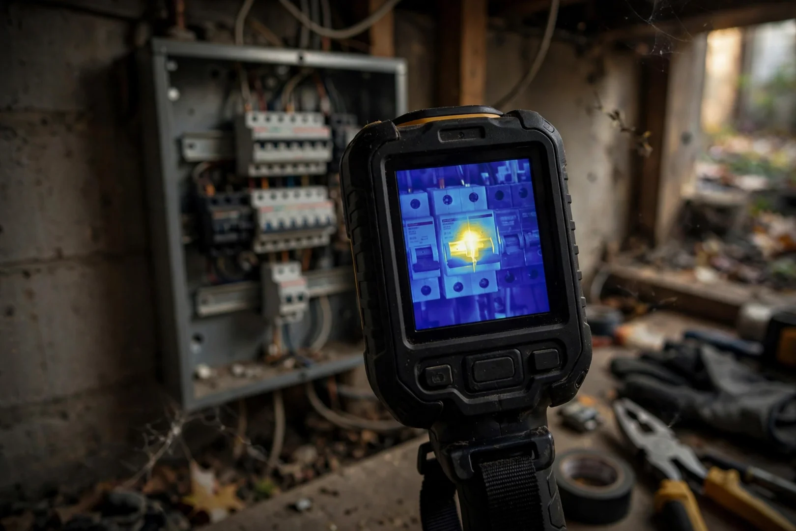 Thermal camera screen showing a hot breaker connection during panel diagnostics