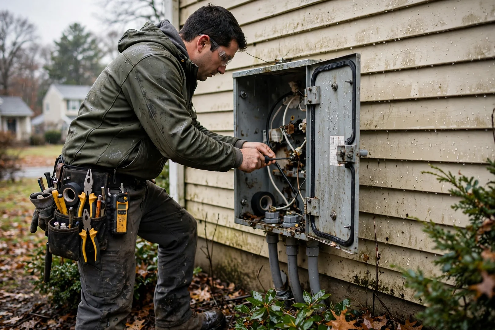 Exterior wall-mounted panel enclosure inspected for coastal moisture damage