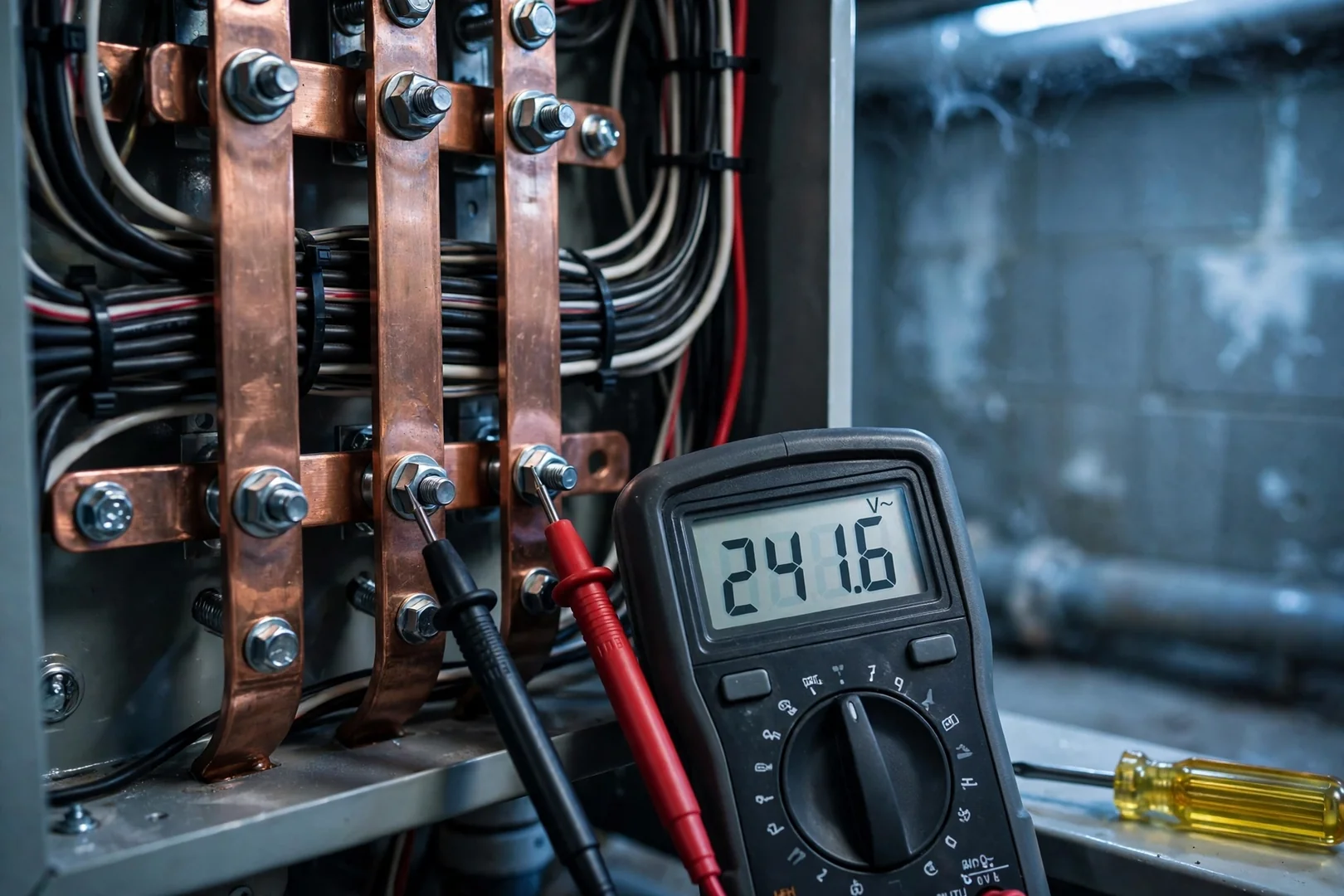 Multimeter reading voltage balance during staged power restoration testing