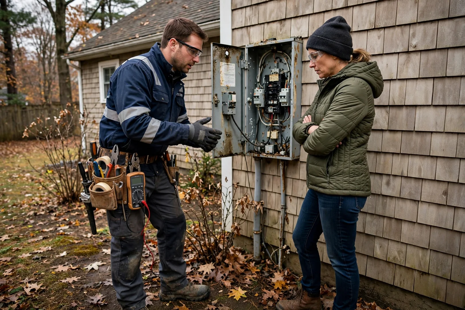 Electrician reviewing panel upgrade estimate at a Coram home service panel