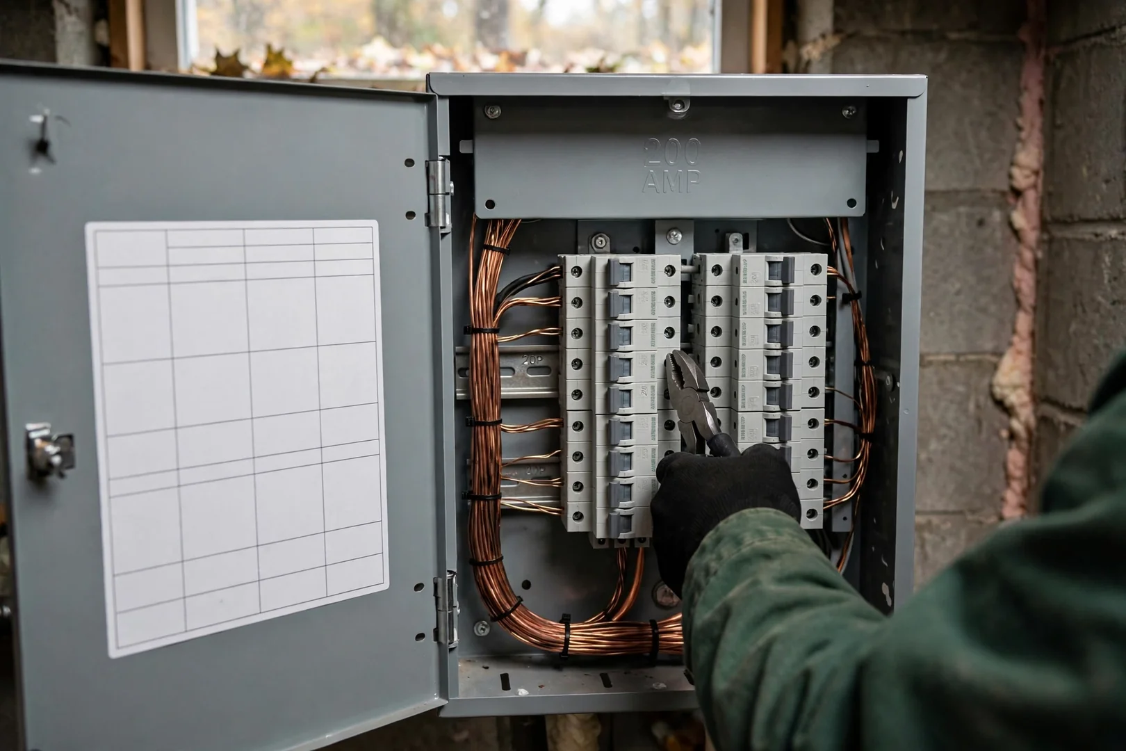 Close-up of newly installed 200-amp load center with labeled breakers in a Coram basement