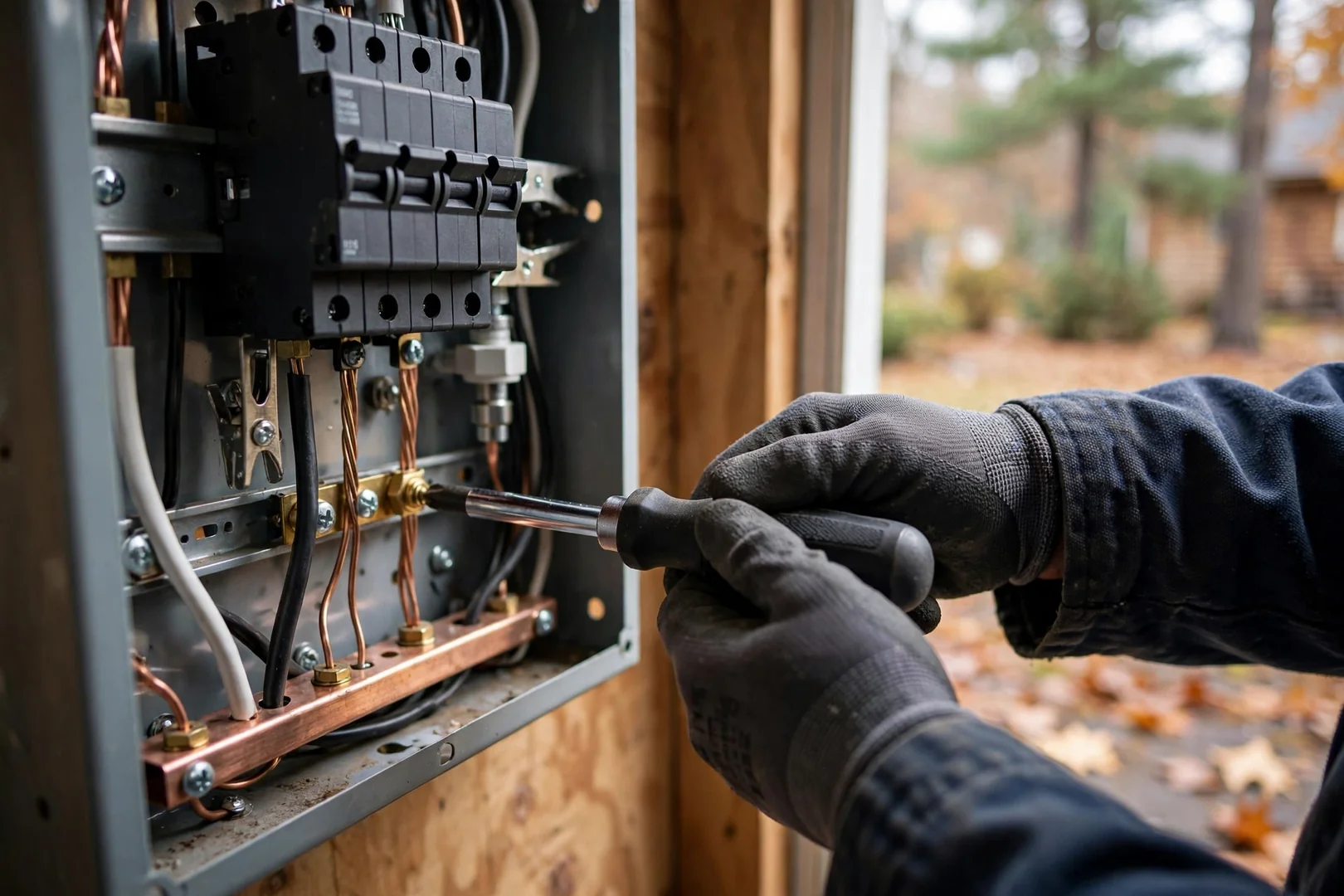 Electrician torquing breaker lugs with a calibrated tool during a panel upgrade