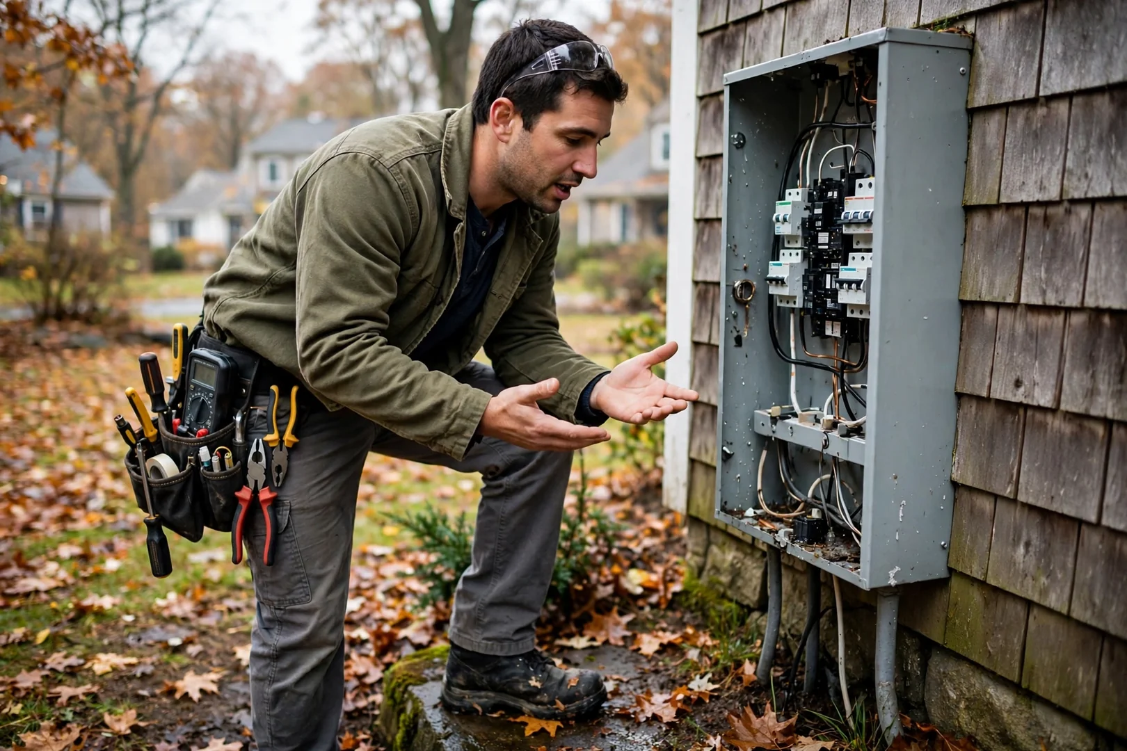 Electrician testing a residential branch circuit with a clamp meter inside a Coram home