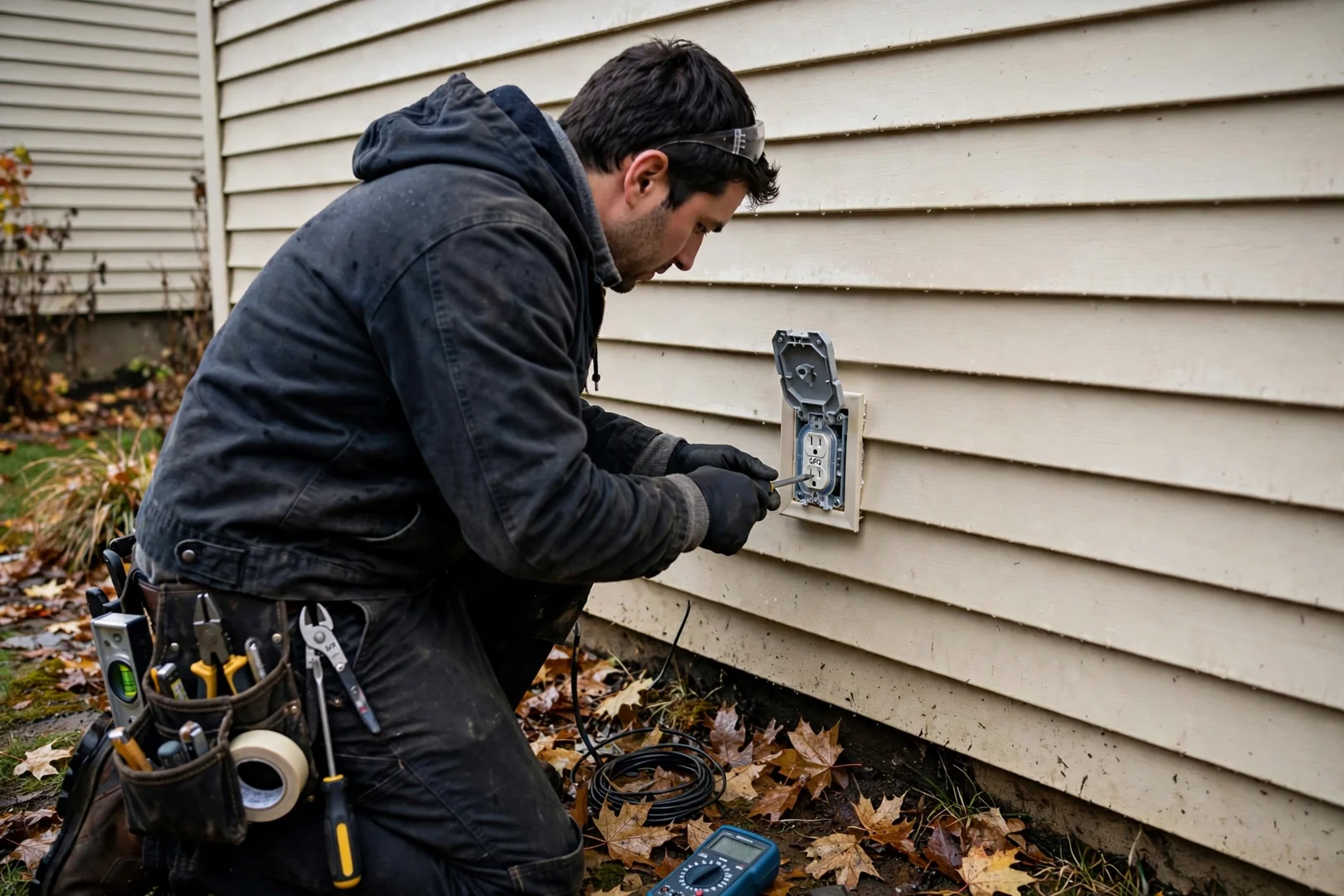 Weather-rated exterior outlet replaced on the siding of a Coram home