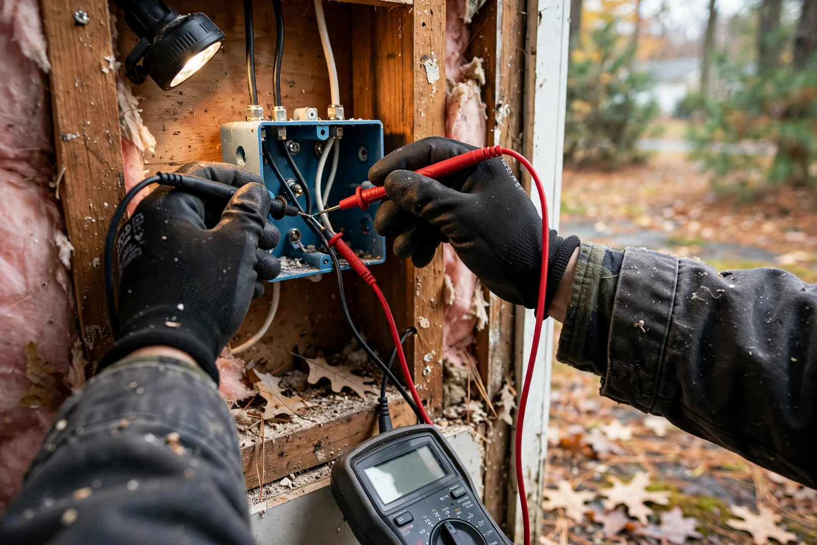Electrician using a multimeter to test voltage at an open junction box