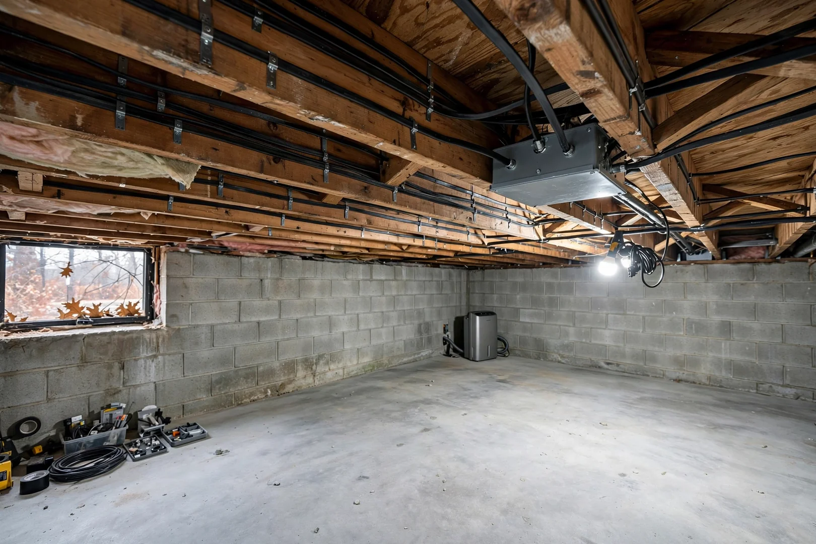 Finished basement ceiling area with repaired wiring and secured cable runs