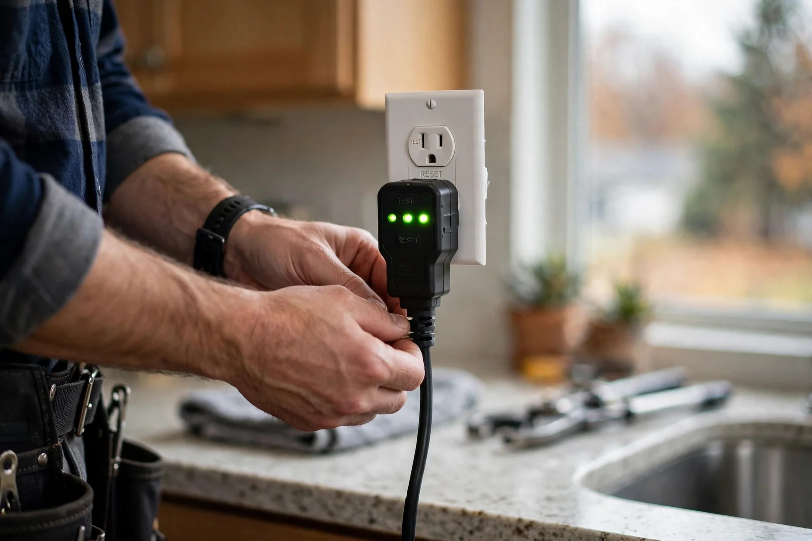 GFCI receptacle tested with a plug-in tester in a kitchen after repair
