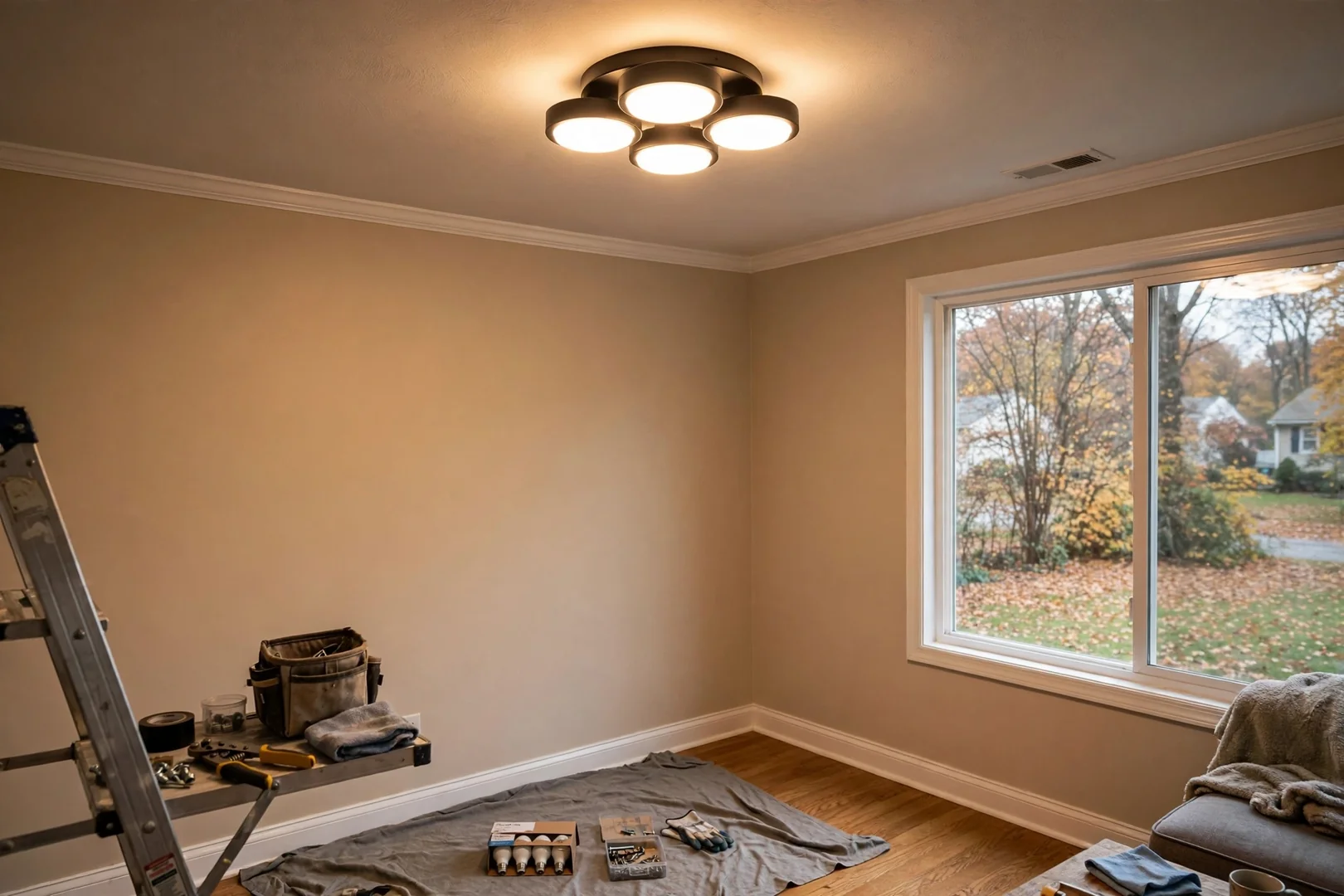 Repaired ceiling light fixture wiring verified in a living room after testing