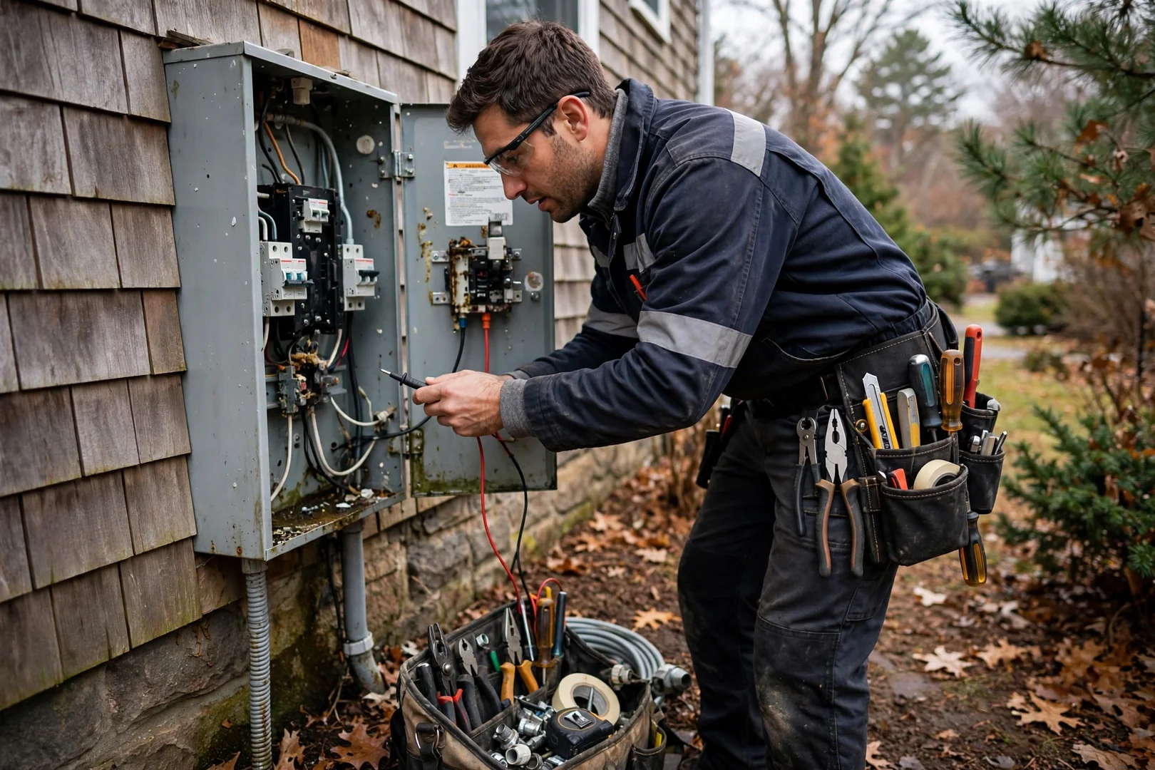 Electrician using a clamp meter to test circuits inside a home panel