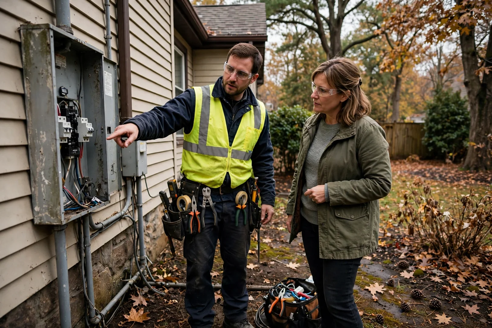 Electrician testing a branch circuit with a multimeter at an open residential panel