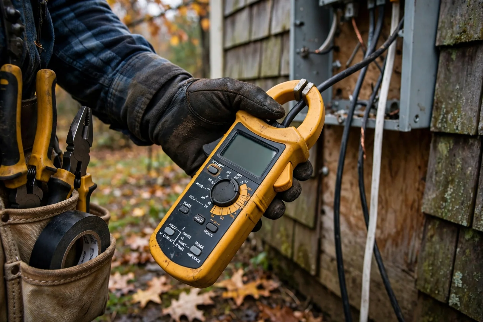 Close-up of a clamp meter reading amperage on a residential branch circuit