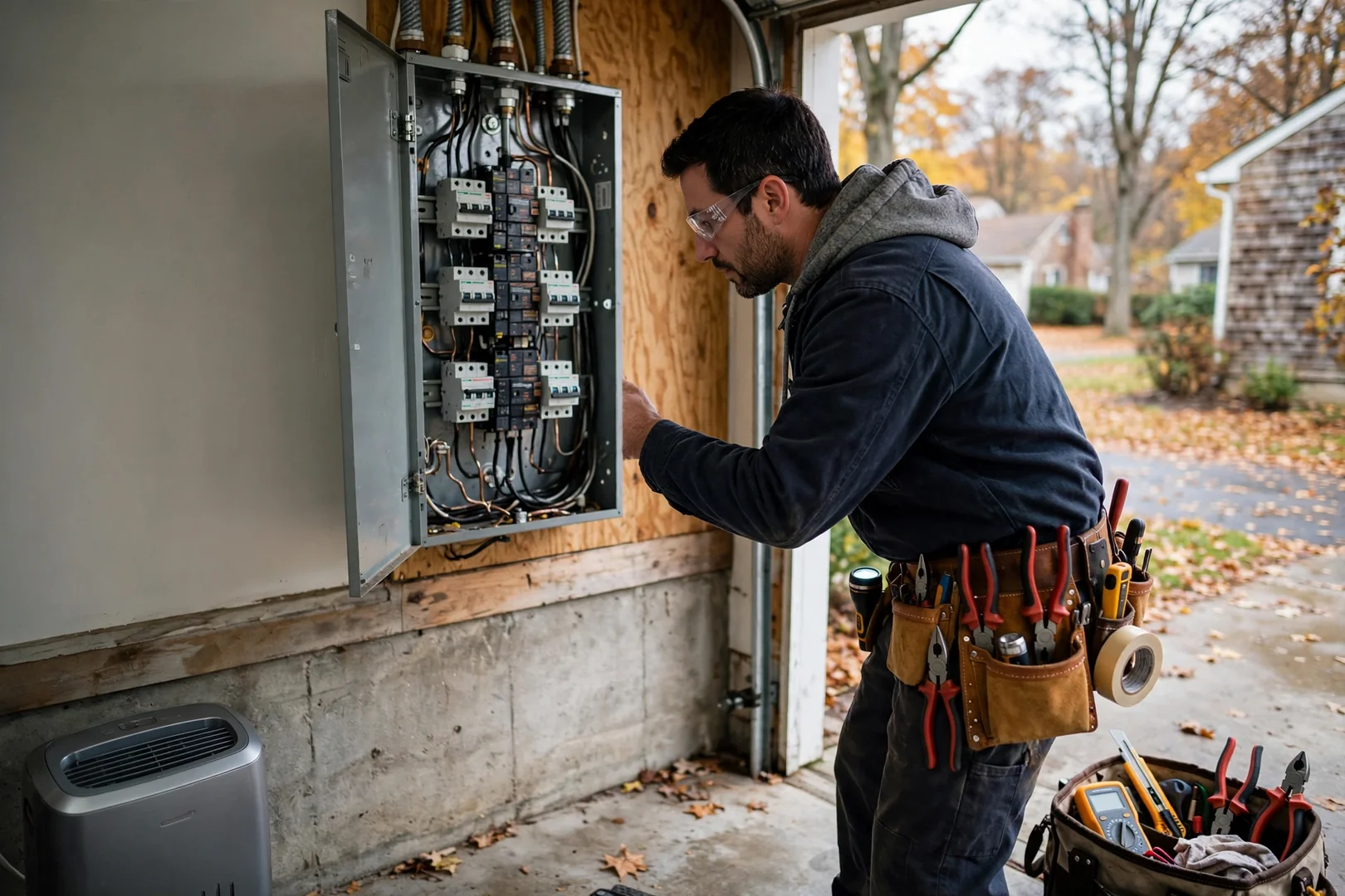 Open residential service panel with labeled breakers during a diagnostic visit