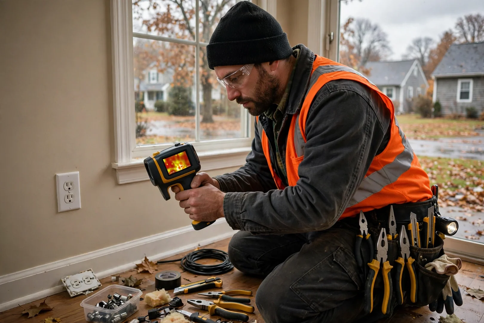 Technician thermal imaging a wall outlet to locate a hidden hot connection