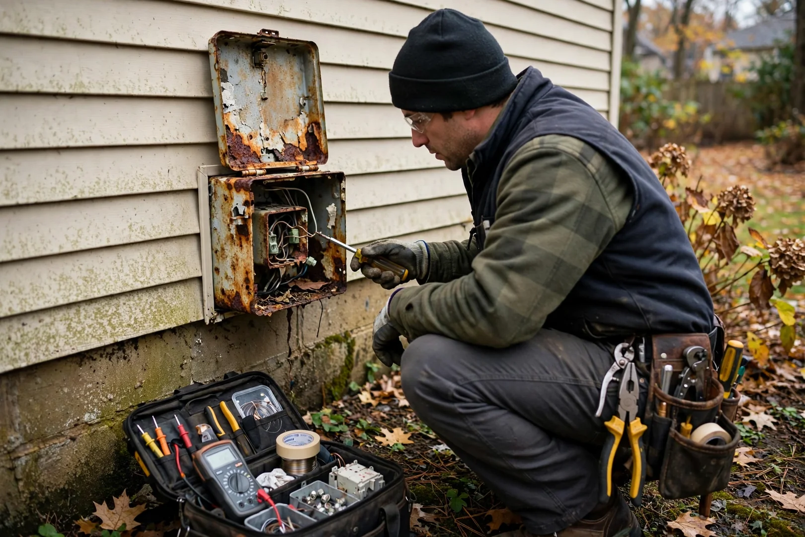 Corroded exterior GFCI box on a Coram home before terminations were replaced
