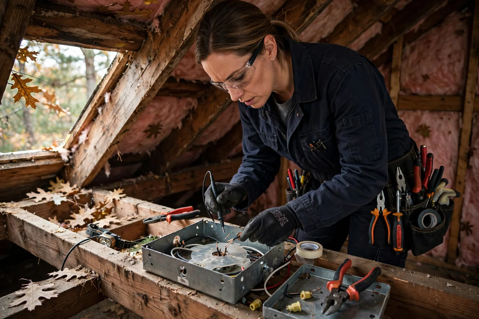 Attic junction box opened to trace an open splice on a lighting circuit