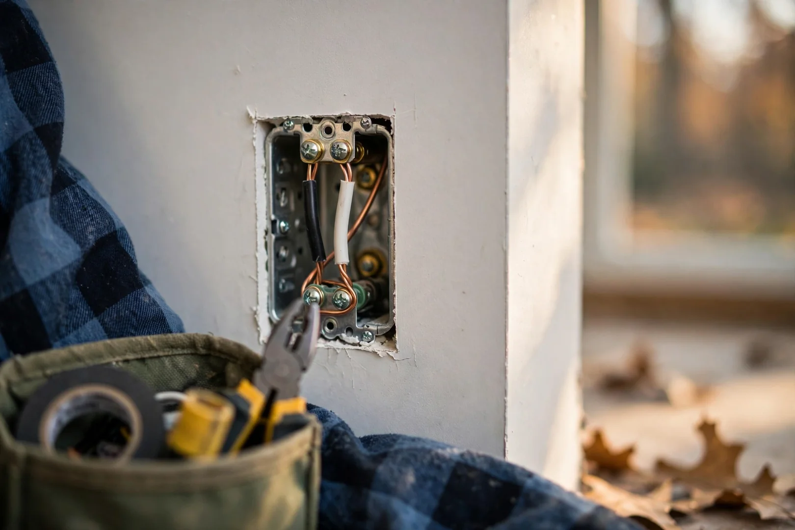 Close-up of grounded outlet box terminations completed in a ranch-style kitchen circuit