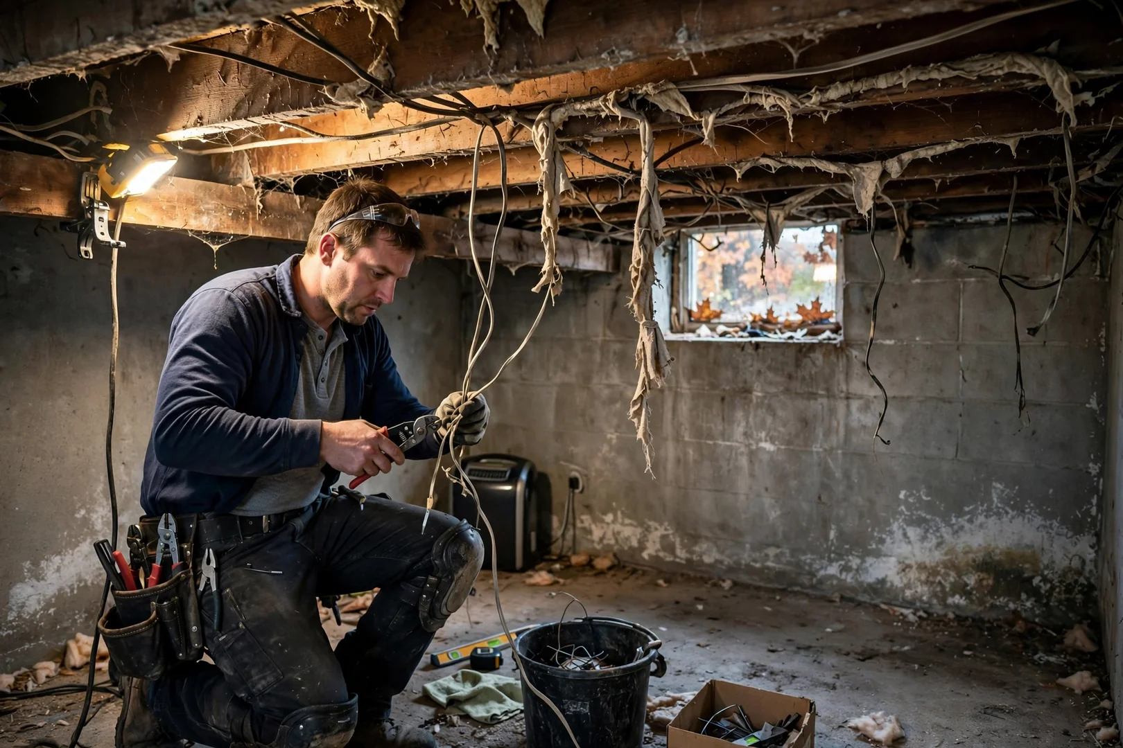Old cloth-insulated wiring removed from a basement ceiling before replacement