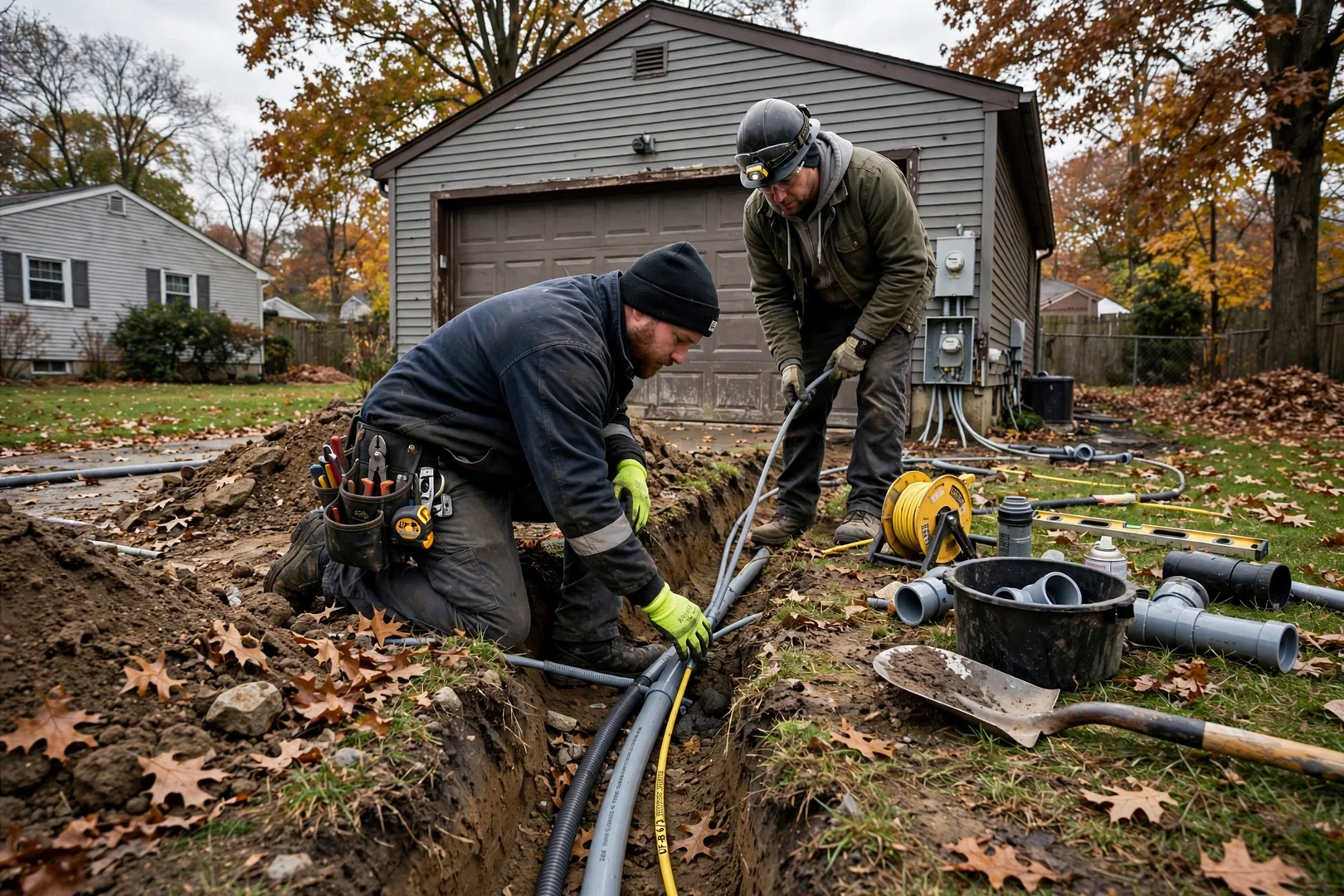Underground feeder cable trench routed toward a detached garage subpanel