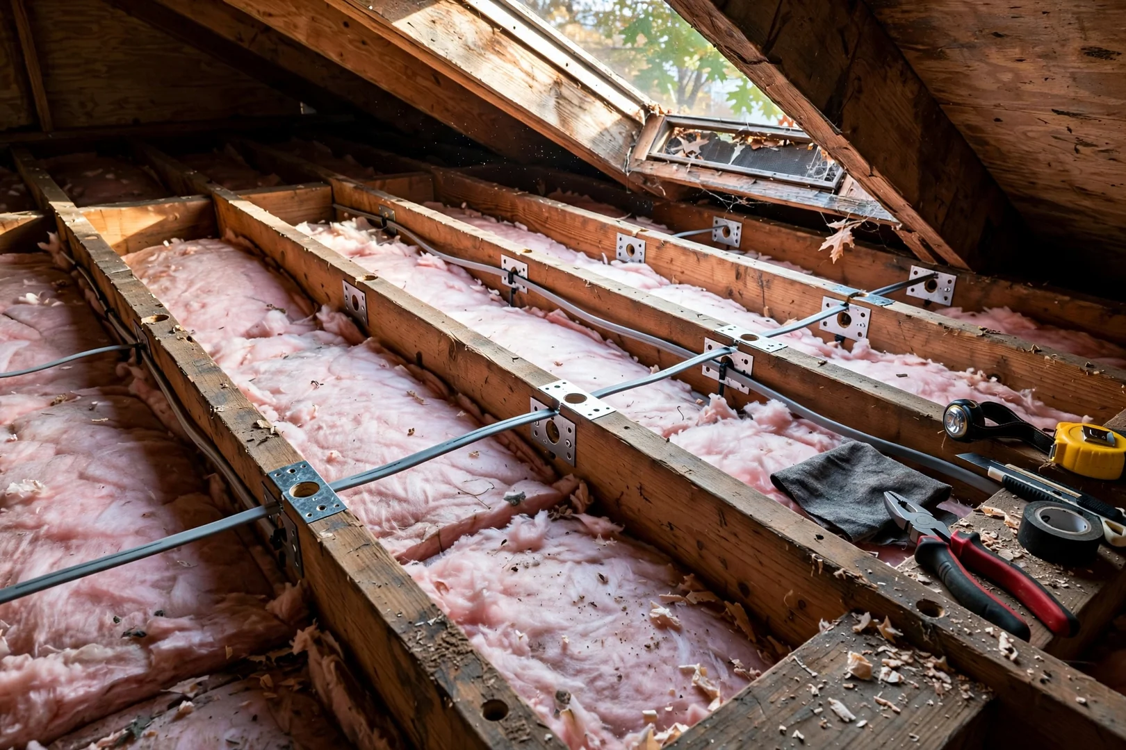 Attic cable run secured through joists with proper support and protection plates